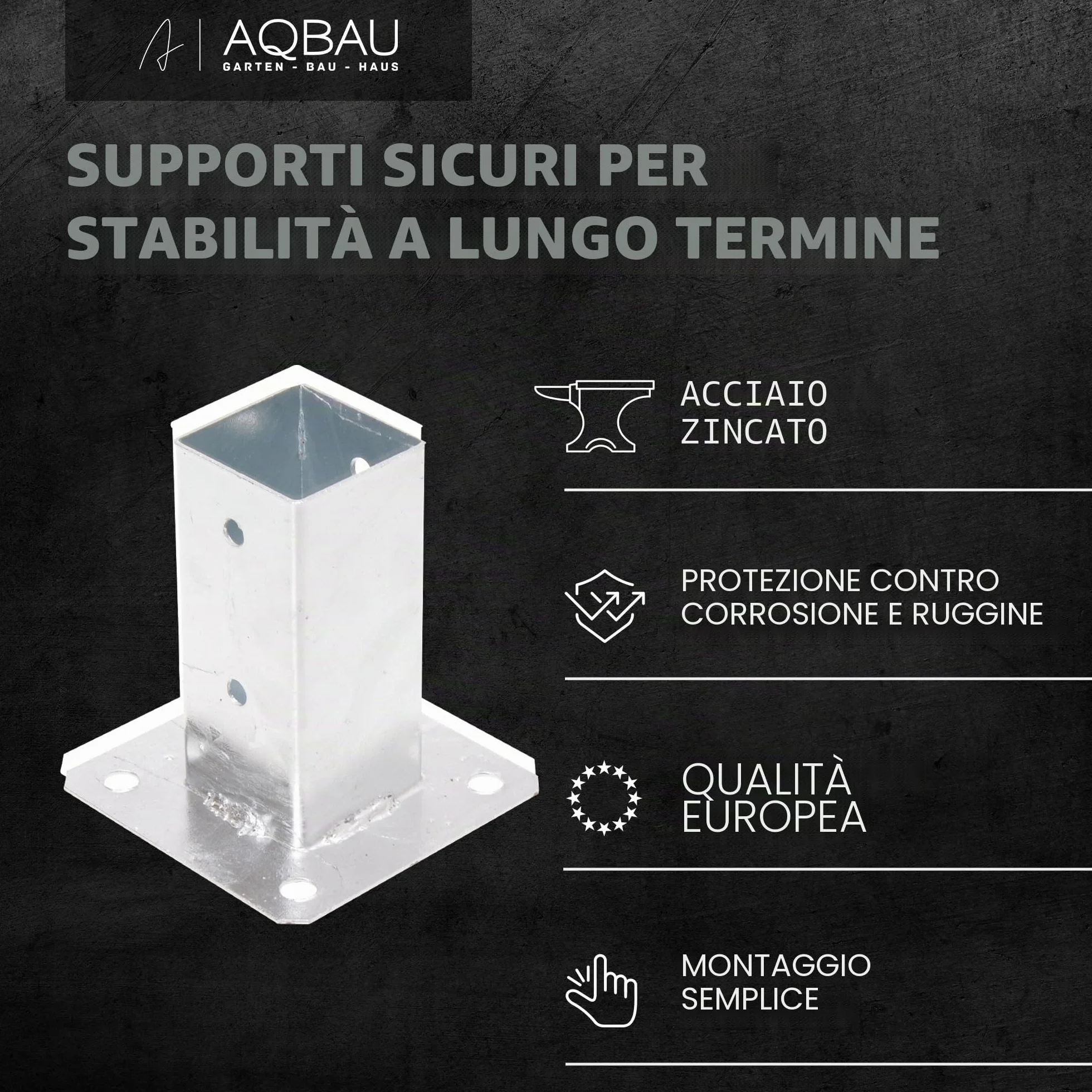 Set di 4 supporti per pali da avvitare 70 x 70 mm, staffe zincate a caldo per pali in legno con piastra