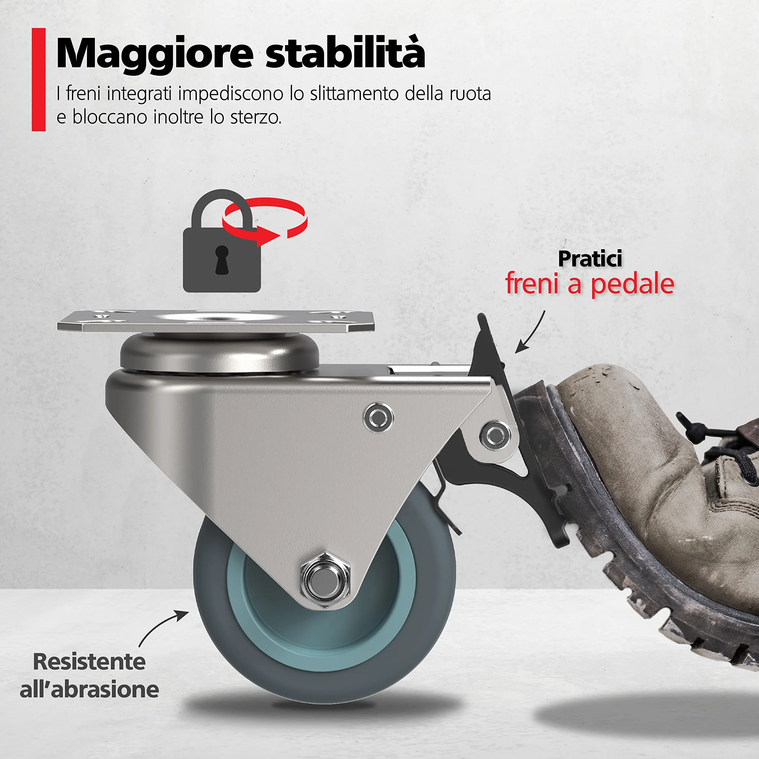 RAVN HAMAN Ruote pivottanti per mobili 50 mm con freno 100 kg - Set di 4 rotelle industriali carichi pesanti