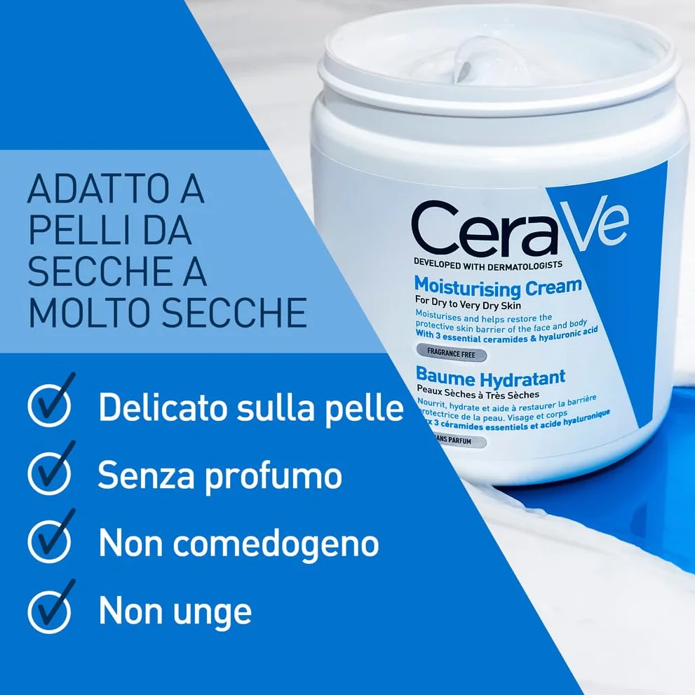 CeraVe Crema Idratante Viso e Corpo, Per Pelli da Secche a Molto Secche, Azione Protettiva e Ripristino della Barriera Cutanea, Con 3 Ceramidi e Acido Ialuronico + Routine Correlate a Questo Prodotto