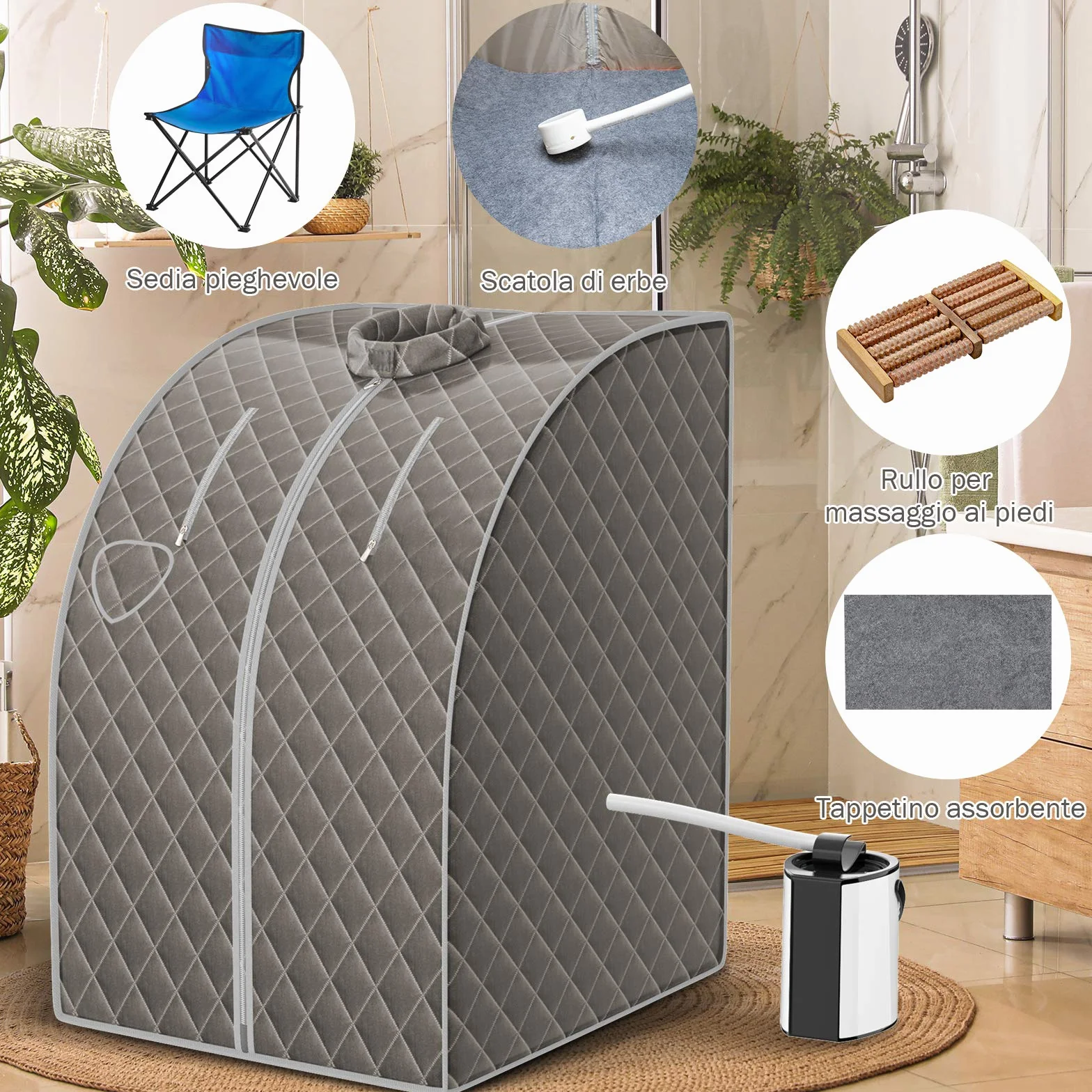 COSTWAY Sauna a Vapore Cabina Casa con Sedia Telecomando Timer Temperatura Regolabili Grigio