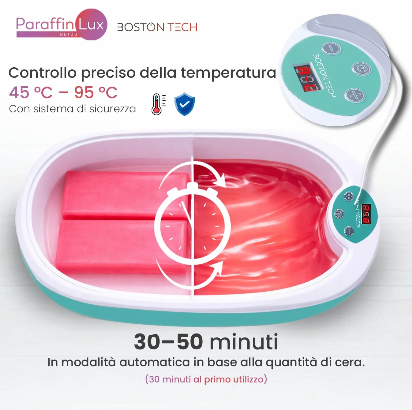 Bagno di Paraffina per Mani e Piedi di Boston Tech® | Sollievo per Dolore Muscolare e Artrite | Idrata, Ammorbidisce e Rivitalizza la Pelle | Capacità 5L + 2 Blocchi di Cera + Accessori Premium
