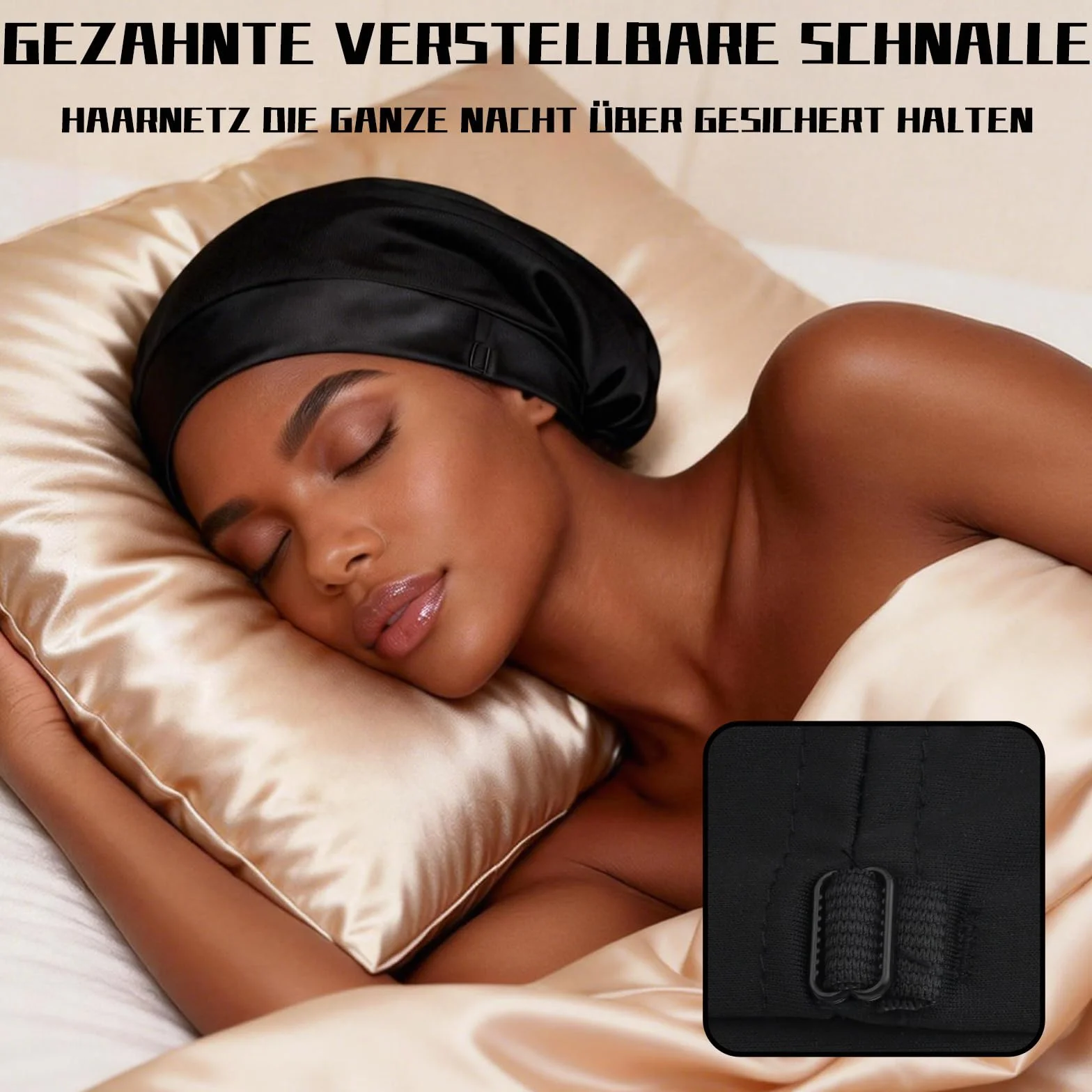 Notoke Cuffia in seta per dormire, nera satinata con fodera in seta, cappuccio per capelli ricci, cappello per dormire regolabile, per donne e ragazze, cura dei ricci di notte