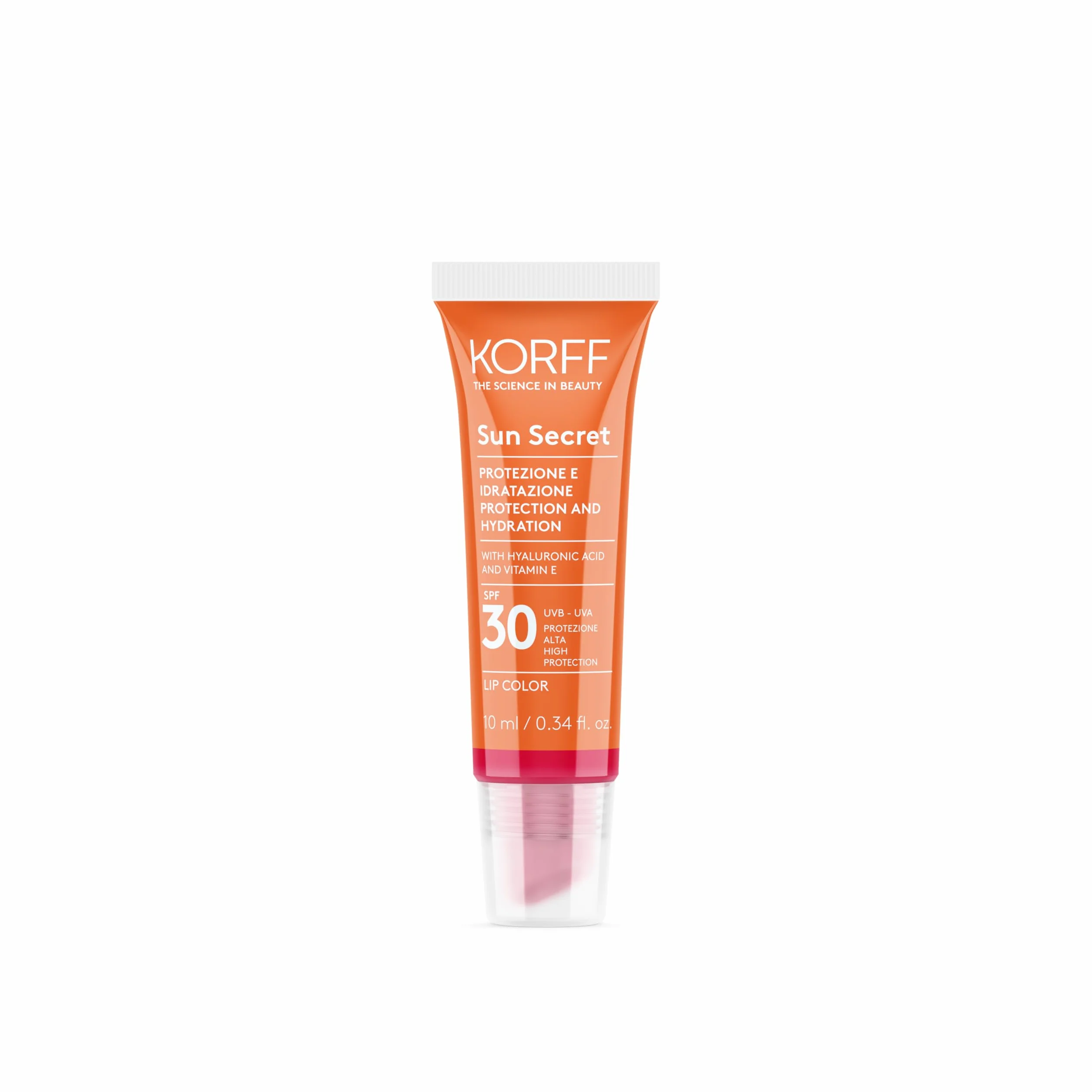 Korff Sun Secret Lip Color SPF30, Protezione Solare Labbra, Effetto Lucido, Acido Ialuronico, Vitamina E e Burro di Karitè, 03 Cherry Red,10 ml