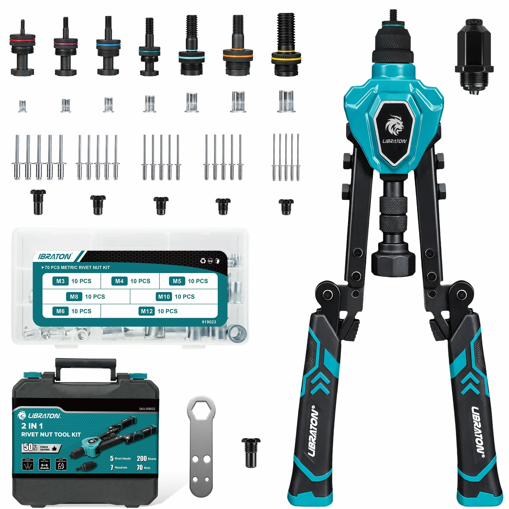 LIBRATON Rivettatrice Pieghevole 2 in 1 per Inserti Filettati, 7 Mandrini M3-M12, 5 Teste 2.4-6.4mm, 70 Inserti 200 Rivetti