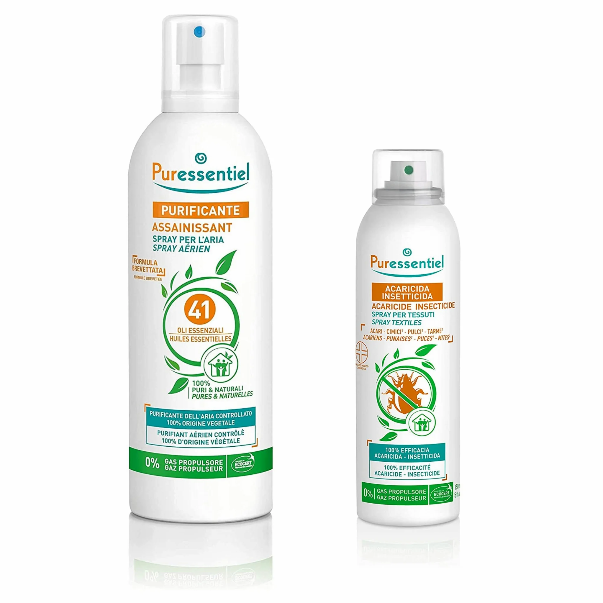 Set Puressentiel Spray 500ml Purificante per l'Aria ai 41 Oli Essenziali + Spray Acaricida Insetticida per tessuti 150ml, 100% Puri e Naturali, Purifica, Tratta e Igienizza