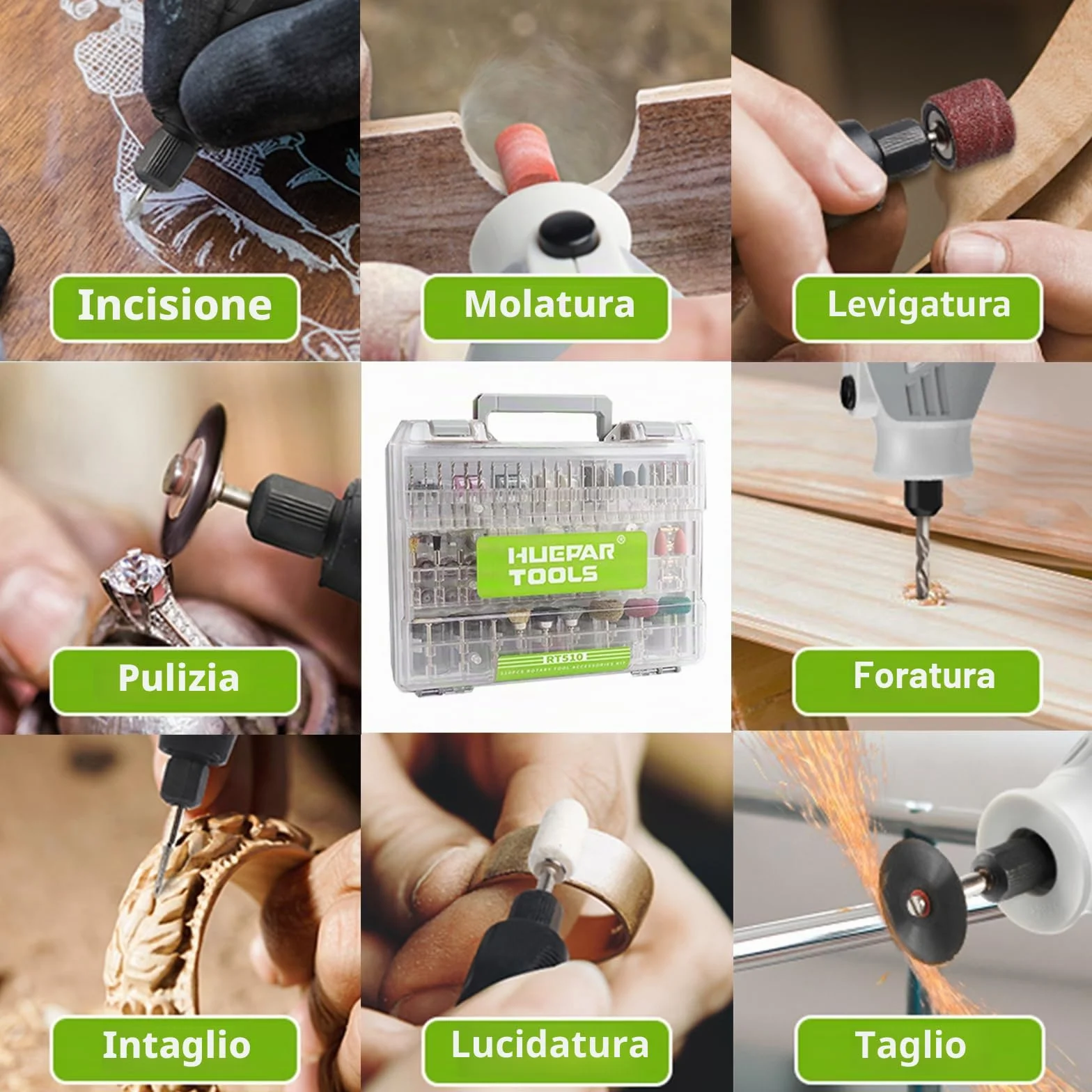 Huepar 510 pezzi Accessori per Utensili Rotanti con gambo da 3,2 mm Montaggio Universale