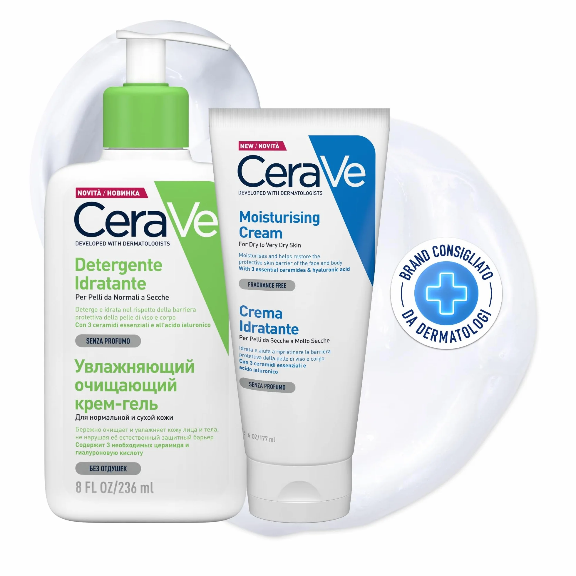CeraVe Kit Skincare Pelle Secca, Crema Idratante Viso e Corpo, Per Pelle Secca, 177 ml + Detergente Idratante Viso, Per Pelli da Normali a Secche, Con Acido Ialuronico, 236 ml