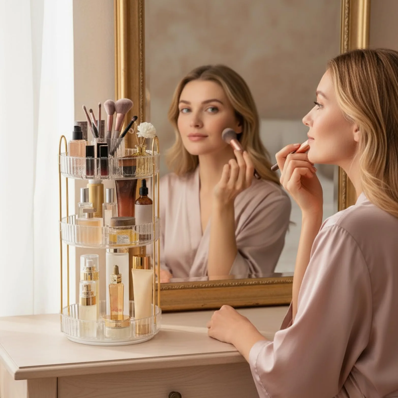 SHANNA Organizer Trucco: Porta Trucchi Rotante a 360° a 3 Livelli, Grande Capacità, Porta Pennelli Rotante Multifunzione, per Comò, Camera da Letto (Chiaro-A)