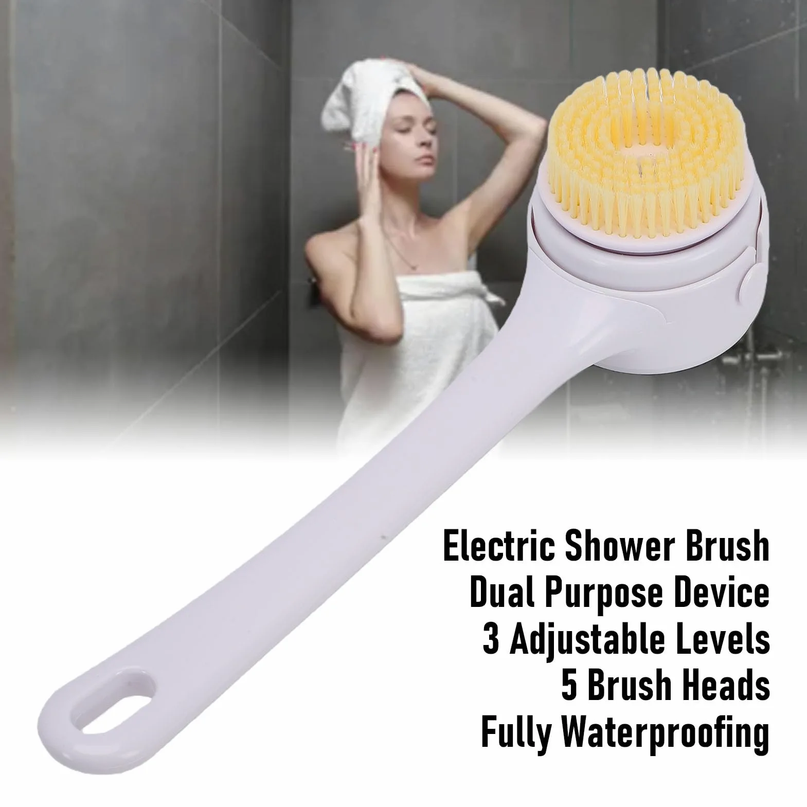 Spazzola Elettrica per il Corpo, 3 Velocità, 3 Testine Spazzola Elettrica per la Schiena Manico Lungo Esfoliante Ricaricabile da Bagno Ricaricabile