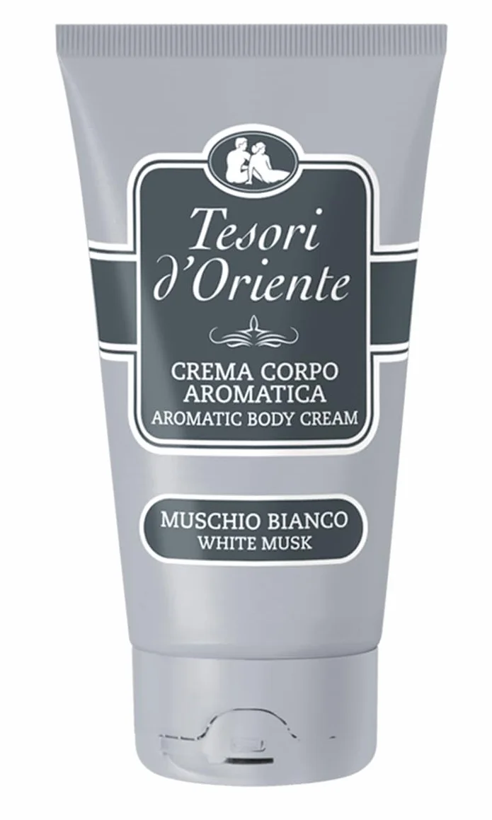 Tesori d'Oriente, Muschio Bianco Set Regalo da Viaggio, Include Profumo Aromatico 100 ml, Crema Corpo Idratante 75 ml, e Pochette Elegante, Fragranze con Note Ambrate e Armoniose che Durano a Lungo