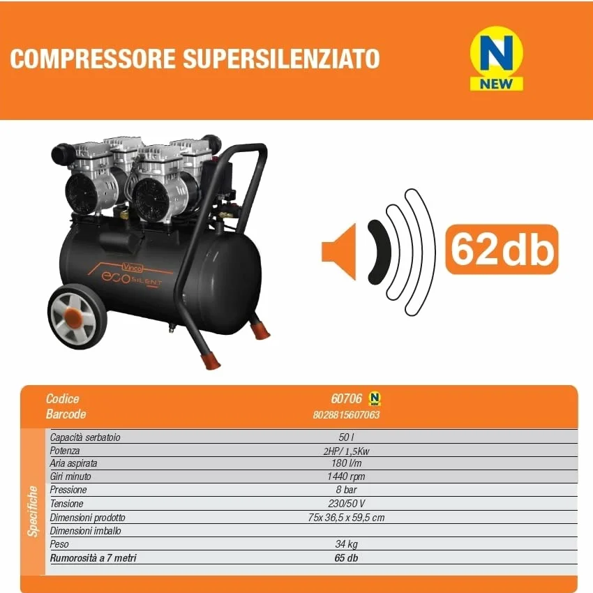 Compressore a secco super silenziato Vinco 8t 50lt EcoSilent Doppia testata