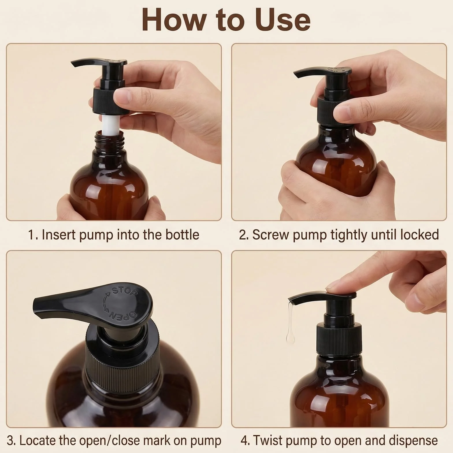 3 bottiglie ricaricabili in plastica PET marrone ambrata da 250 ml, con pompa nera, contenitori vuoti per cosmetici, shampoo, balsamo, gel doccia, lozioni, dispenser, Marrone, 250 ML