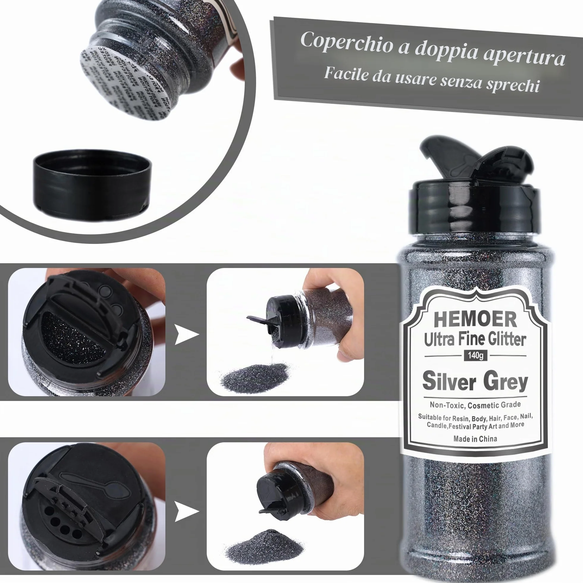 HEMOER Grigio argento Fine Glitter,140g Metallica Glitter per Decorazioni Artigianato, Resina, Epossidica Bicchieri, Candele, Glitter per Arti Pittoriche,Capelli Viso Corpo Occhi Nail Art Festival