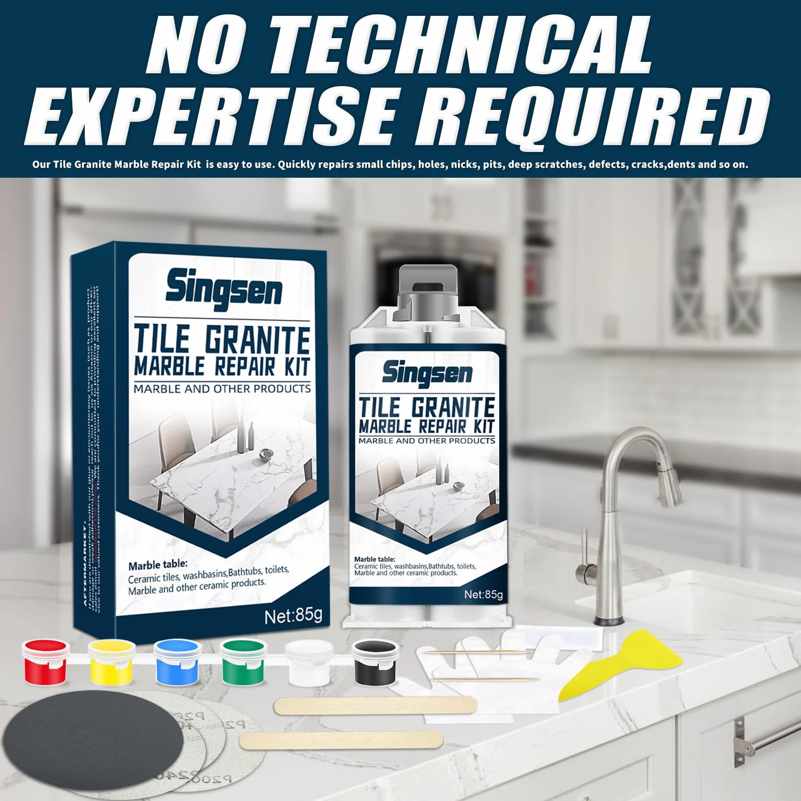 Kit Riparazione Piastrelle Granito Marmo Impermeabile, Resina Acrilico per Marmo Quarzo Porcellana