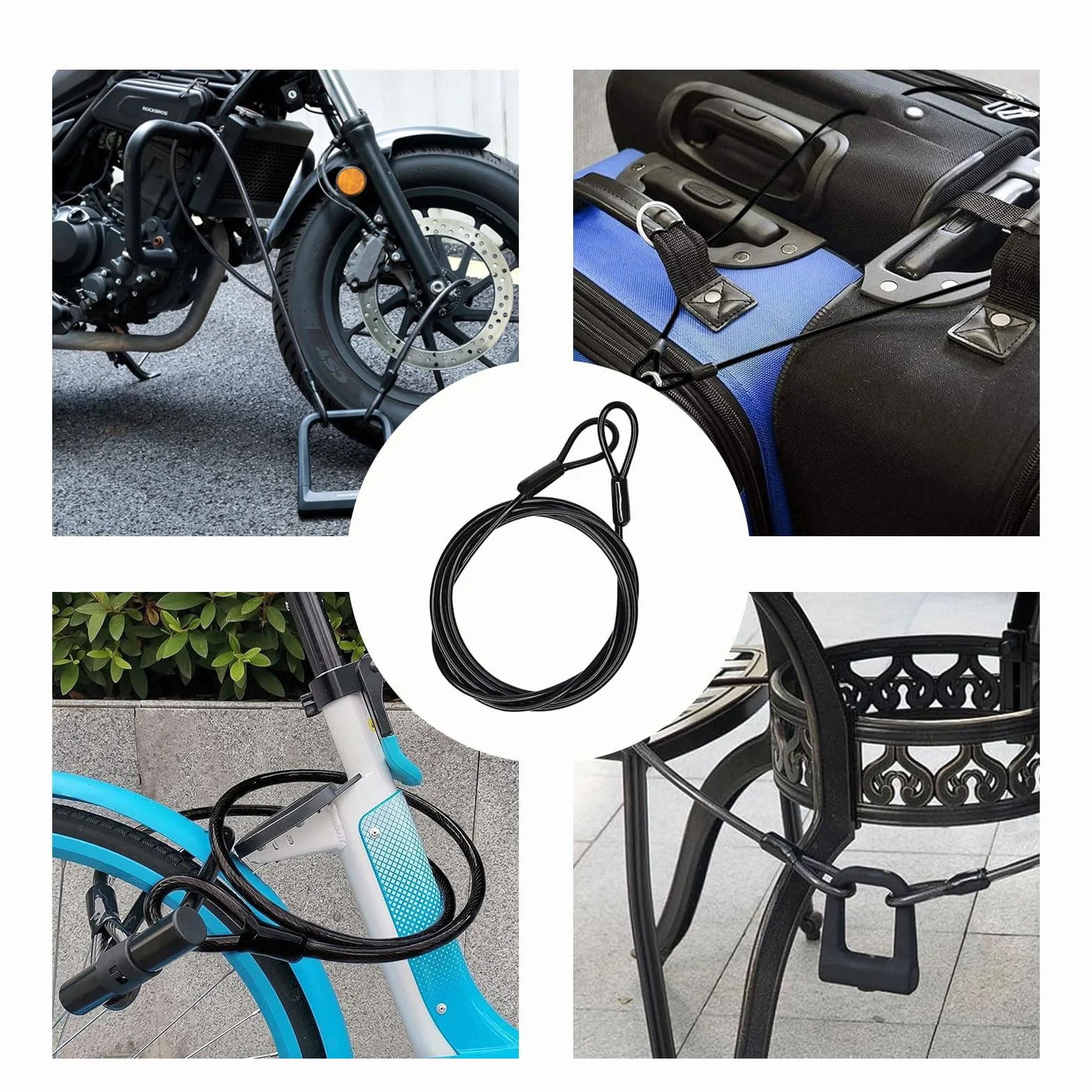 Cavo ad Anello in Acciaio con Occhielli 2 m Rivestimento in Plastica per Biciclette Serrature a Cavo (2 pezzi Neri)