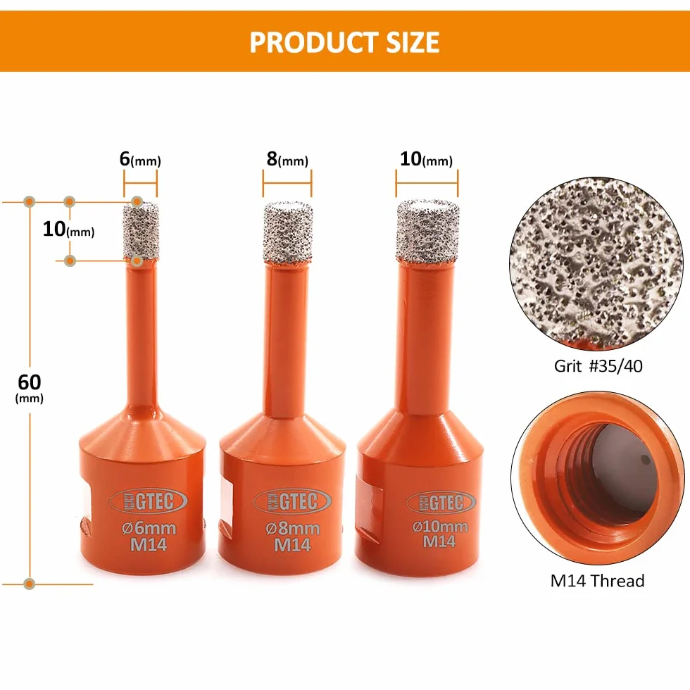 BGTEC Punta Diamantata Sega a tazza Diamantata 3 pezzi 6/8/10mm M14 per trapano piastrelle porcellana gres porcellanato ceramica granito foratura smerigliatrici angolari