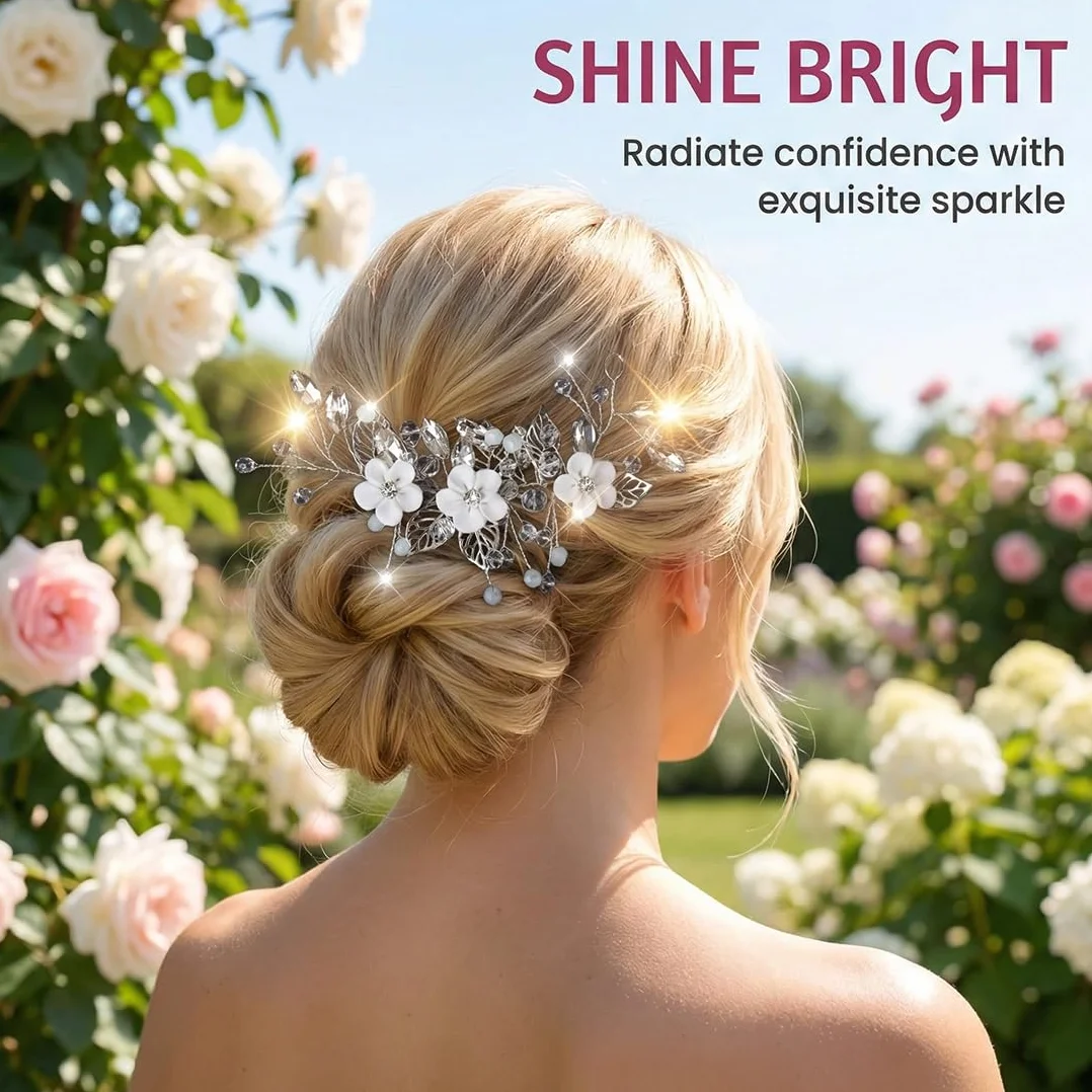 Pettinino per Sposa con Rami Fioriti, Accessori Capelli Eleganti per Cerimonia, Fermacapelli Decorativi per Donne & Ragazze (Argento)