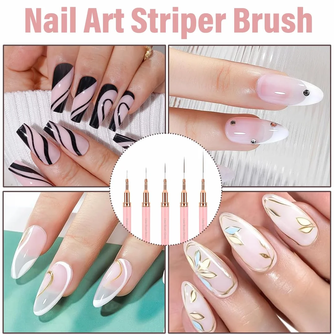 YAYNO Set Pennelli per Nail Art 5 Pezzi Pennelli dimensioni 6/9/12/15/18 mm Disegnare Linee Fini Attrezzo per Unghie Pennelli Liner di Precisione per disegnare e punteggiare le unghie