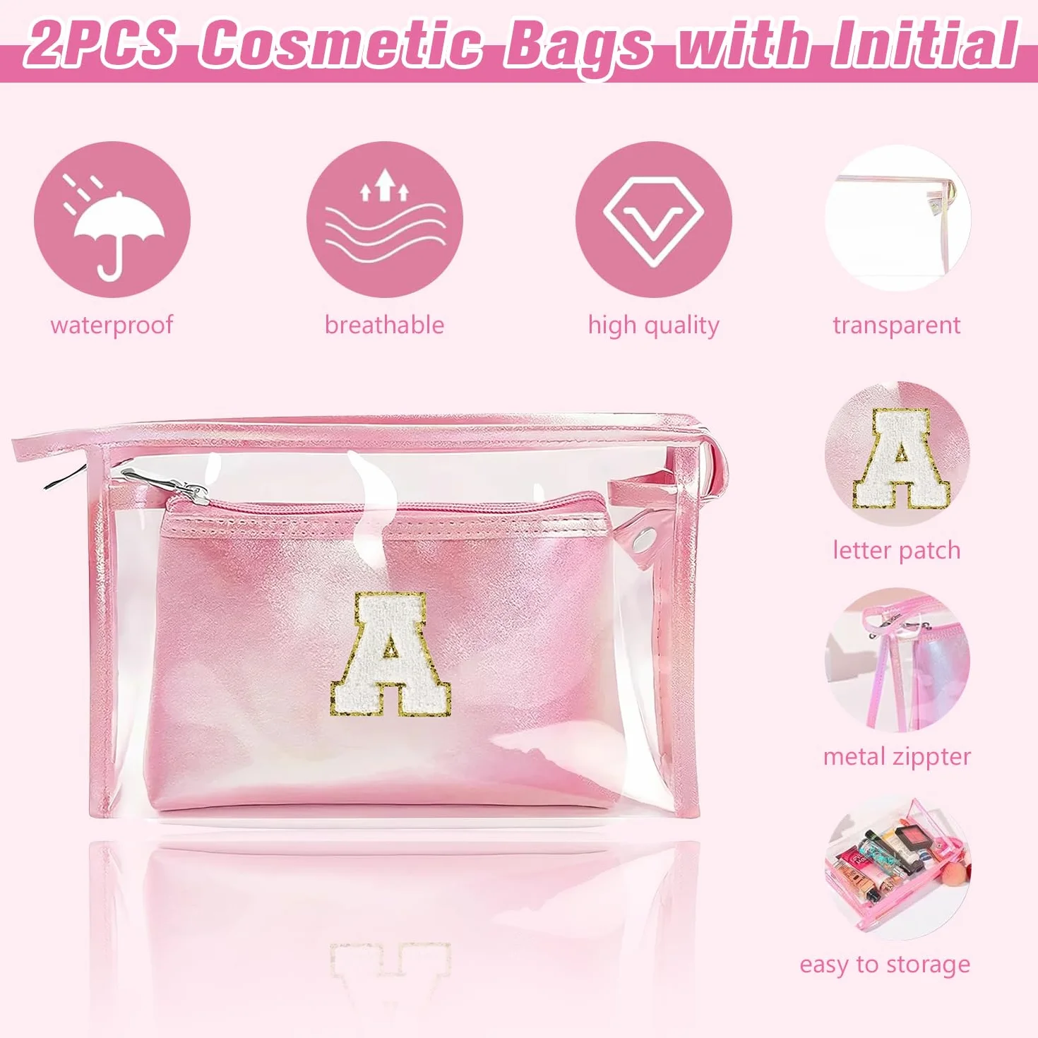 2 Pezzi Beauty Case da Viaggio Trasparente, Trousse Trucchi Donna, Borsa da Toilette in PU-PVC, Borse da Viaggio Impermeabile, Borsa Cosmetici Regalo Compleanno Natale Ideale per Donne Ragazze Rosa K
