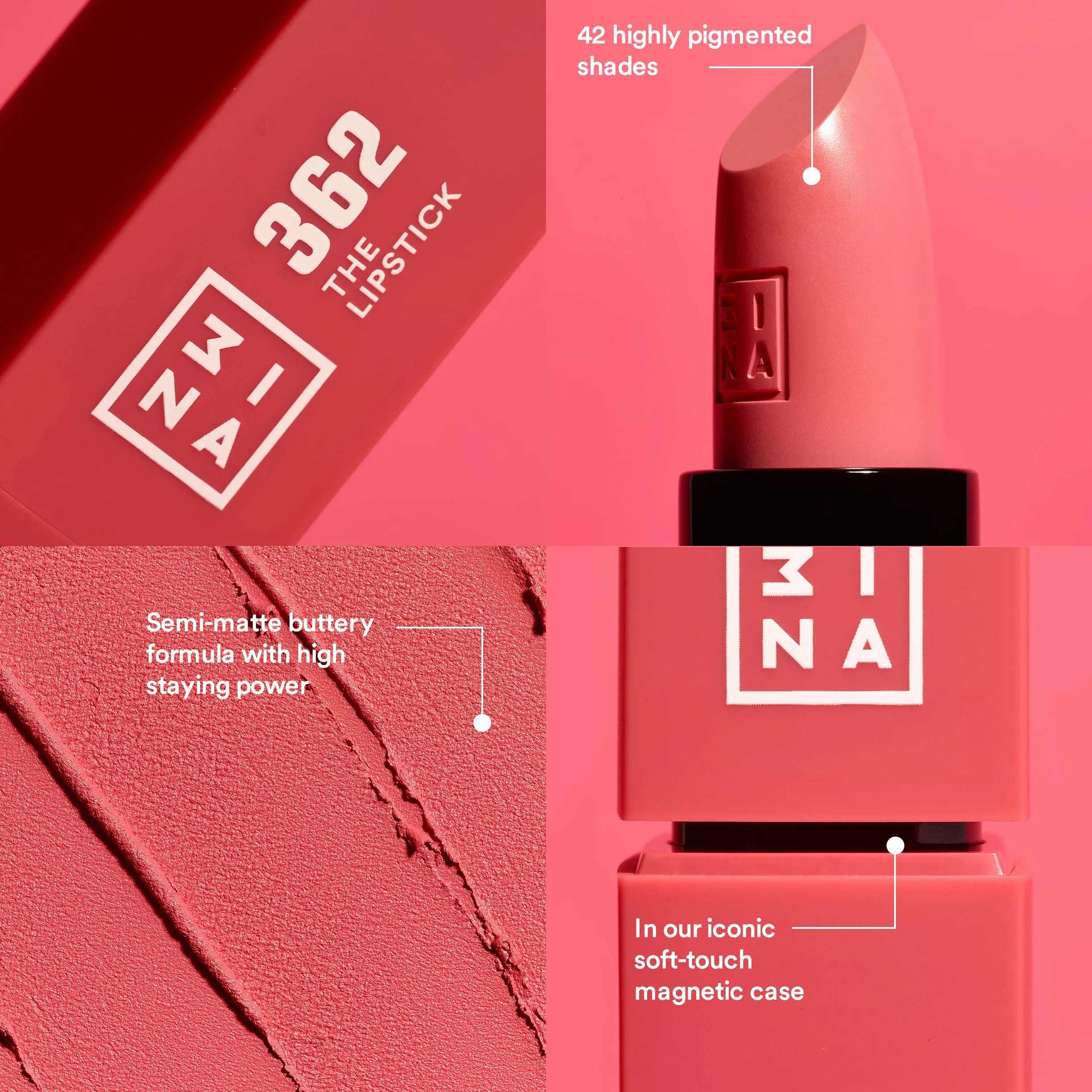 3INA MAKEUP - The Lipstick 257 - Rosa Polverosa - Rossetto Matte - Alta Pigmentazione - Rossetti Cremosi - Profumo di vaniglia e custodia magnetica - Lucido e Mat - Vegan - Cruelty Free