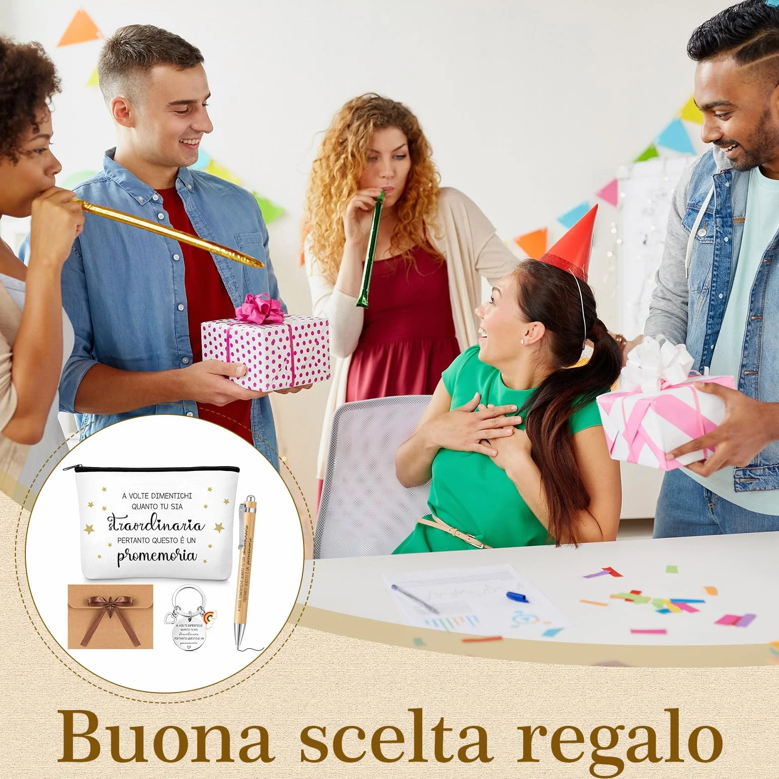 Set Regalo Motivazionale Portachiavi Regalo Ispiratore Citazione Ispiratrice Borsa per Trucco Penna a Sfera con Sacchetto Regalo per Collega e Amica Compleanno Natale Regalo(Bianco,Legno)