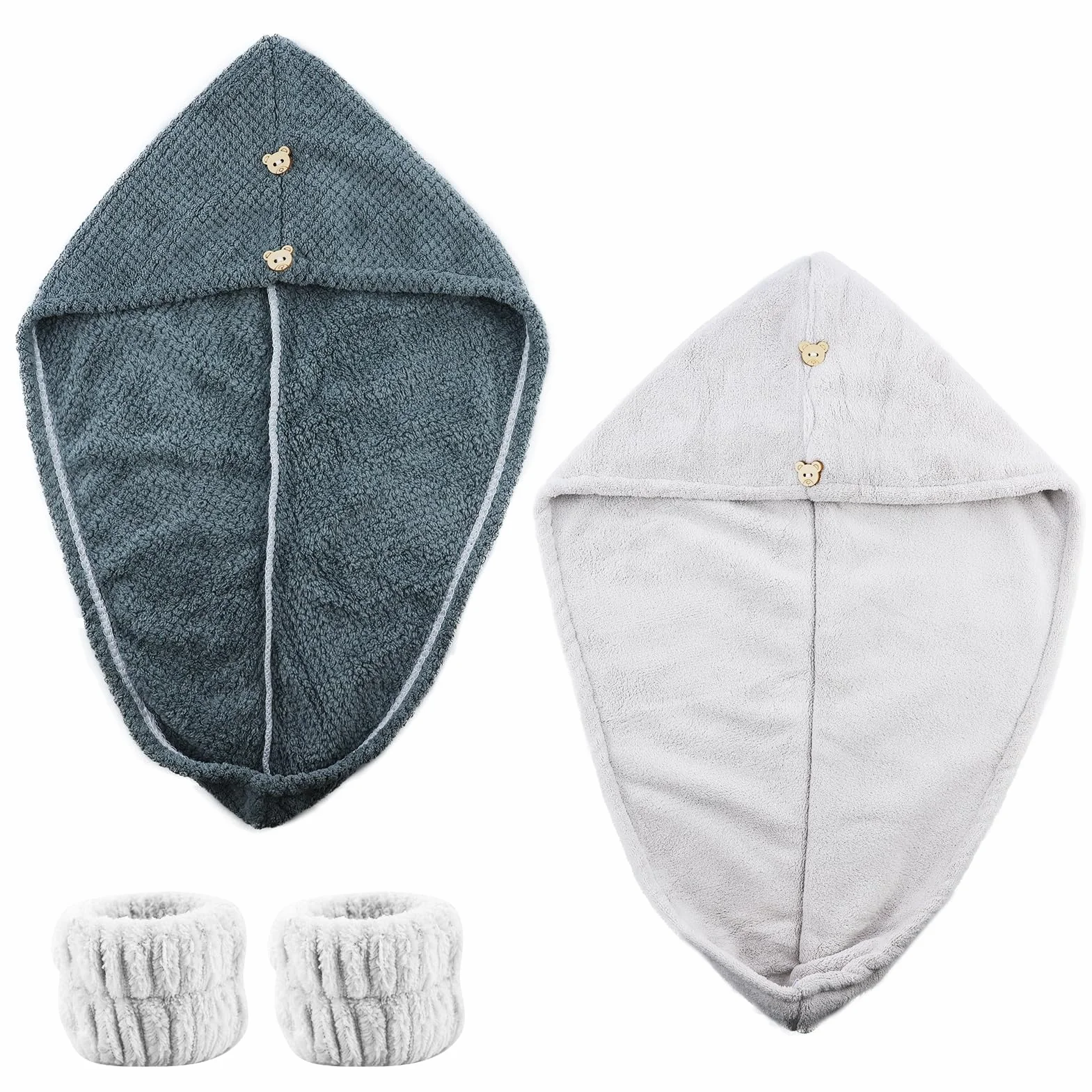 2 asciugamani in microfibra per capelli lunghi e ricci, turbante per capelli, asciugamano turbante con bottoni per asciugatura rapida, super assorbente, anti-crespe, asciugamano da donna, grigio