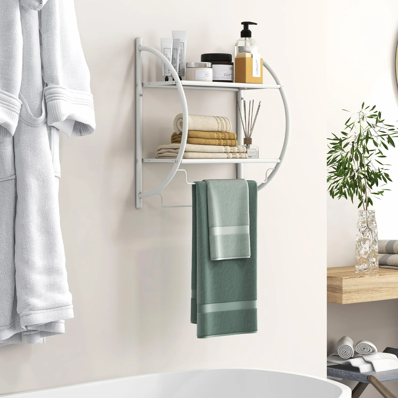 GIANTEX Porta Asciugamani Bagno da Parete, Mensola Doccia con 2 Ripiani e 2 Portasciugamani, Antiruggine, 45x25,5x55 cm Bianco