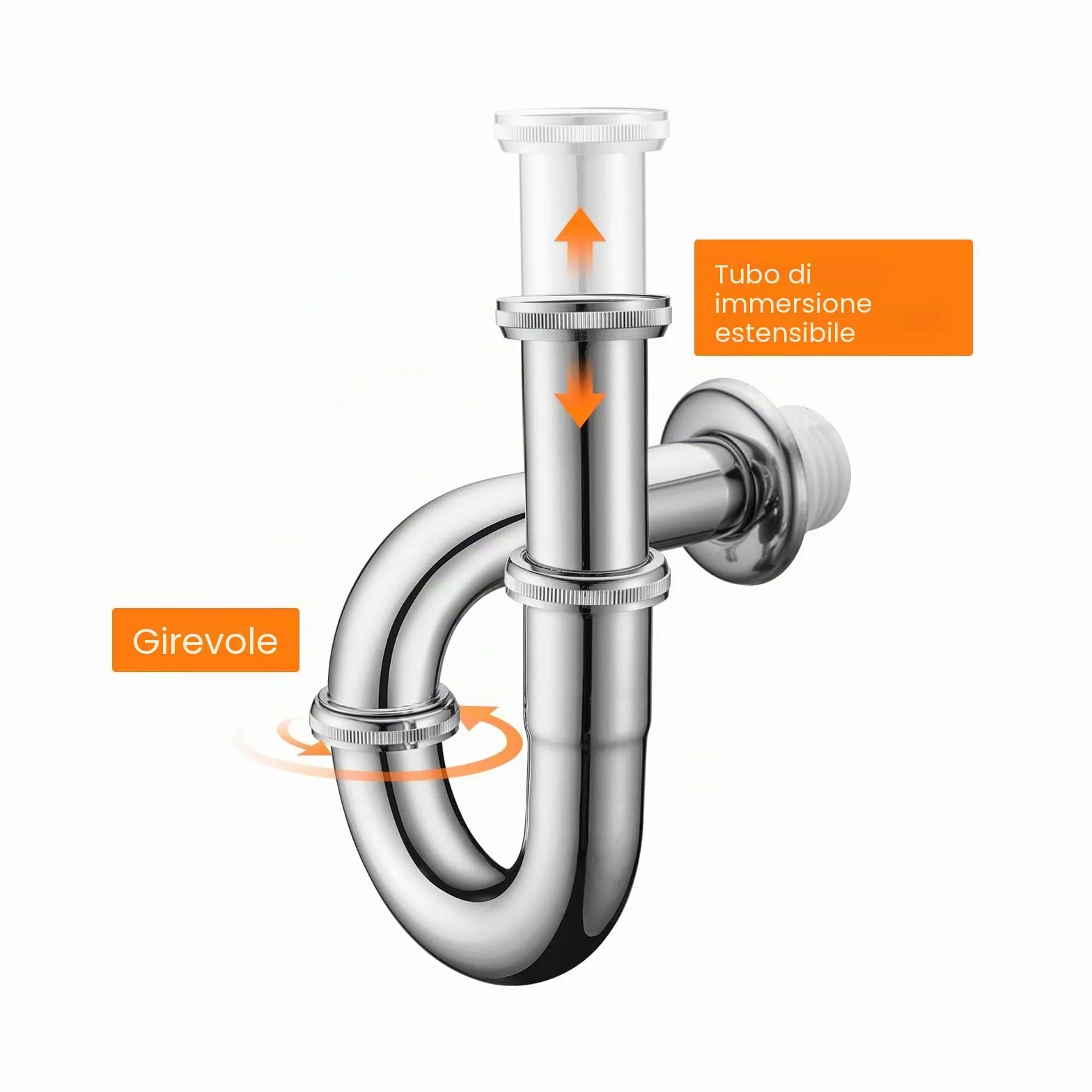 Ibergrif Sifone Lavabo Bagno 1 1/4" x 32 mm Acciaio Inox, Scarico Standard con Guarnizioni Silicone, Anti-Odore e Anti-Intasamento