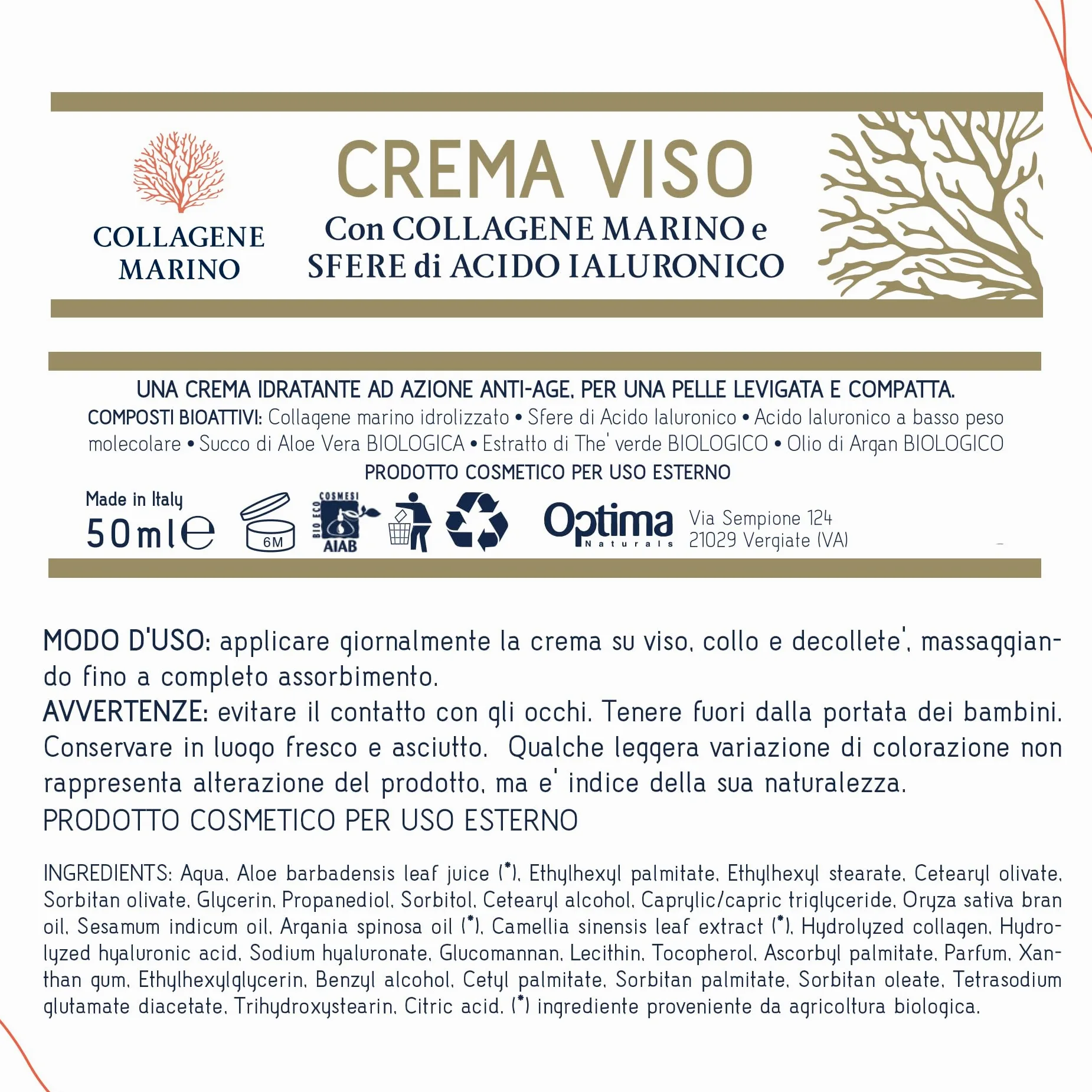 Crema Viso con Collagene marino e Sfere di acido ialuronico - azione rimpolpante e anti-age - AIAB Bio Eco Cosmesi - idratante - antiossidante - 50 ml Collagene Marino