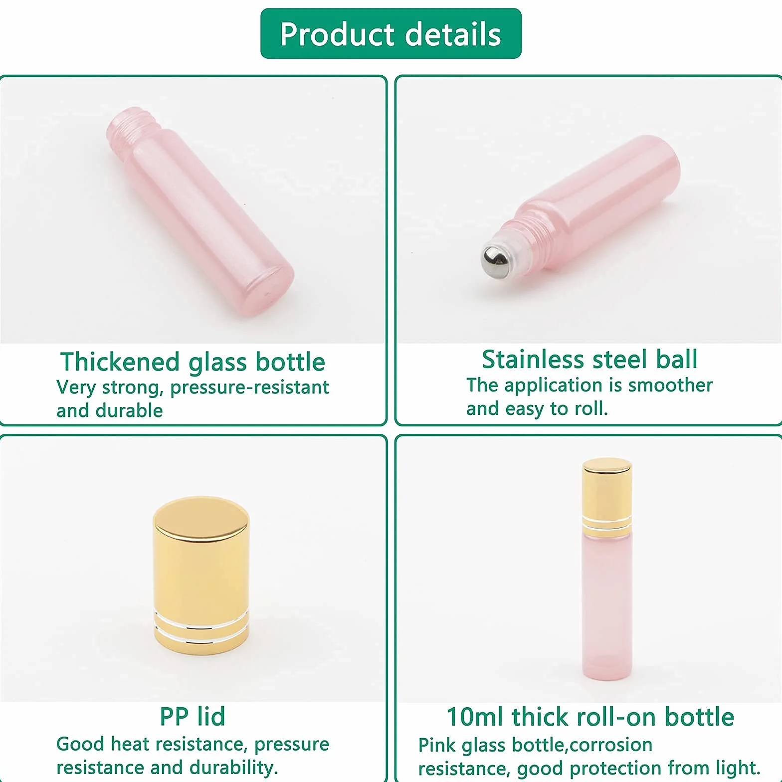 Bottiglie roll-on per oli essenziali, 10 ml, vuote, ricaricabili, in vetro, con tappo dorato, per profumi, aromaterapia, colore: Rosa Perlato