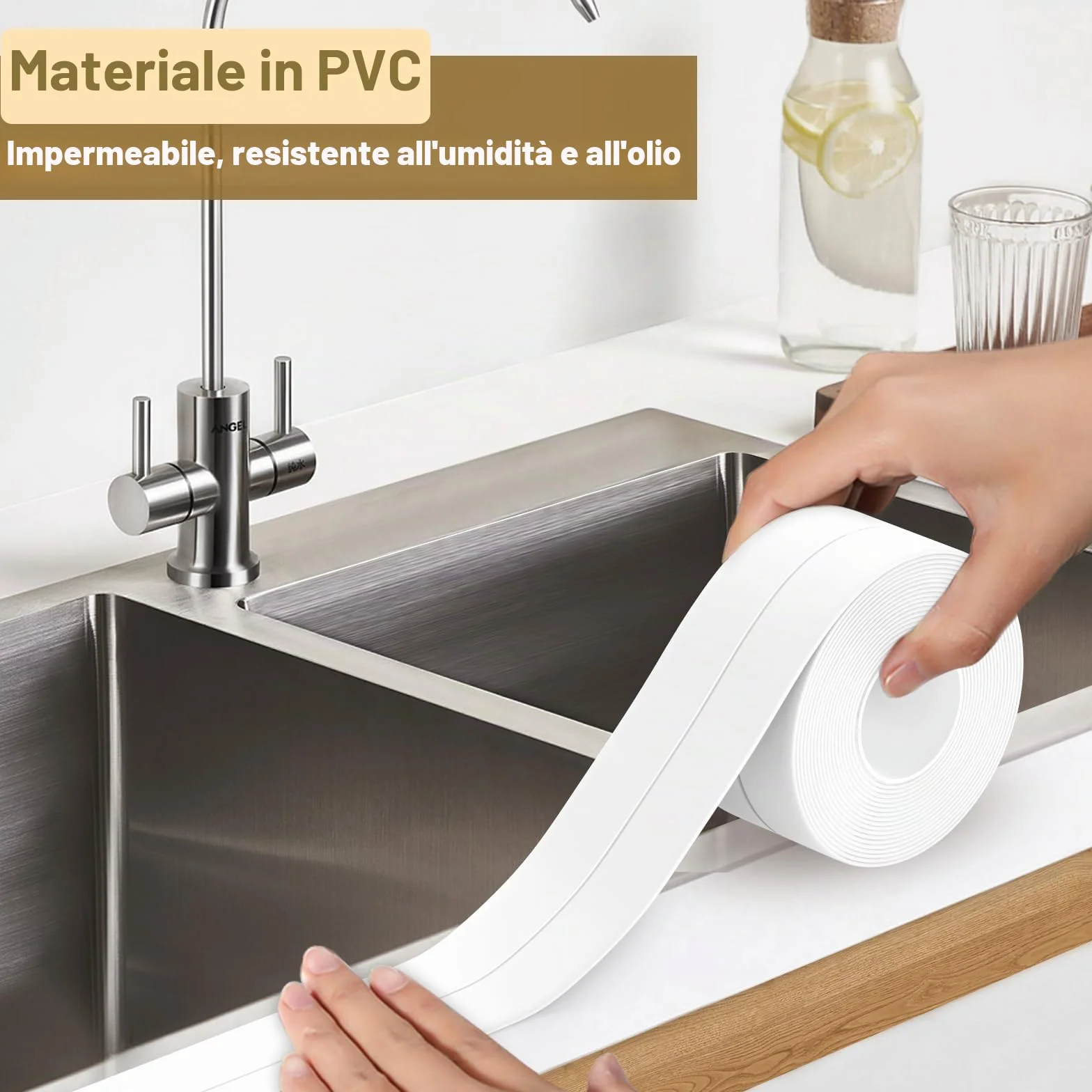 Nastro Sigillante Impermeabile Autoadesivo in PVC per Piatto Doccia Vasca Bagno Cucina Bianco 3,8 cm x 3,2 m