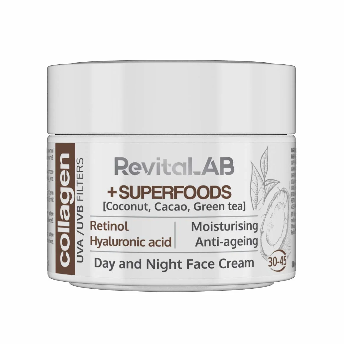 RevitaLAB Day and Night Collagen Anti-Aging Moisturiser Enriched with Hyaluronic Acid, Superfoods, Vitamins and a UVA/UVB Filter for Ages 30 – 45, 50 ml