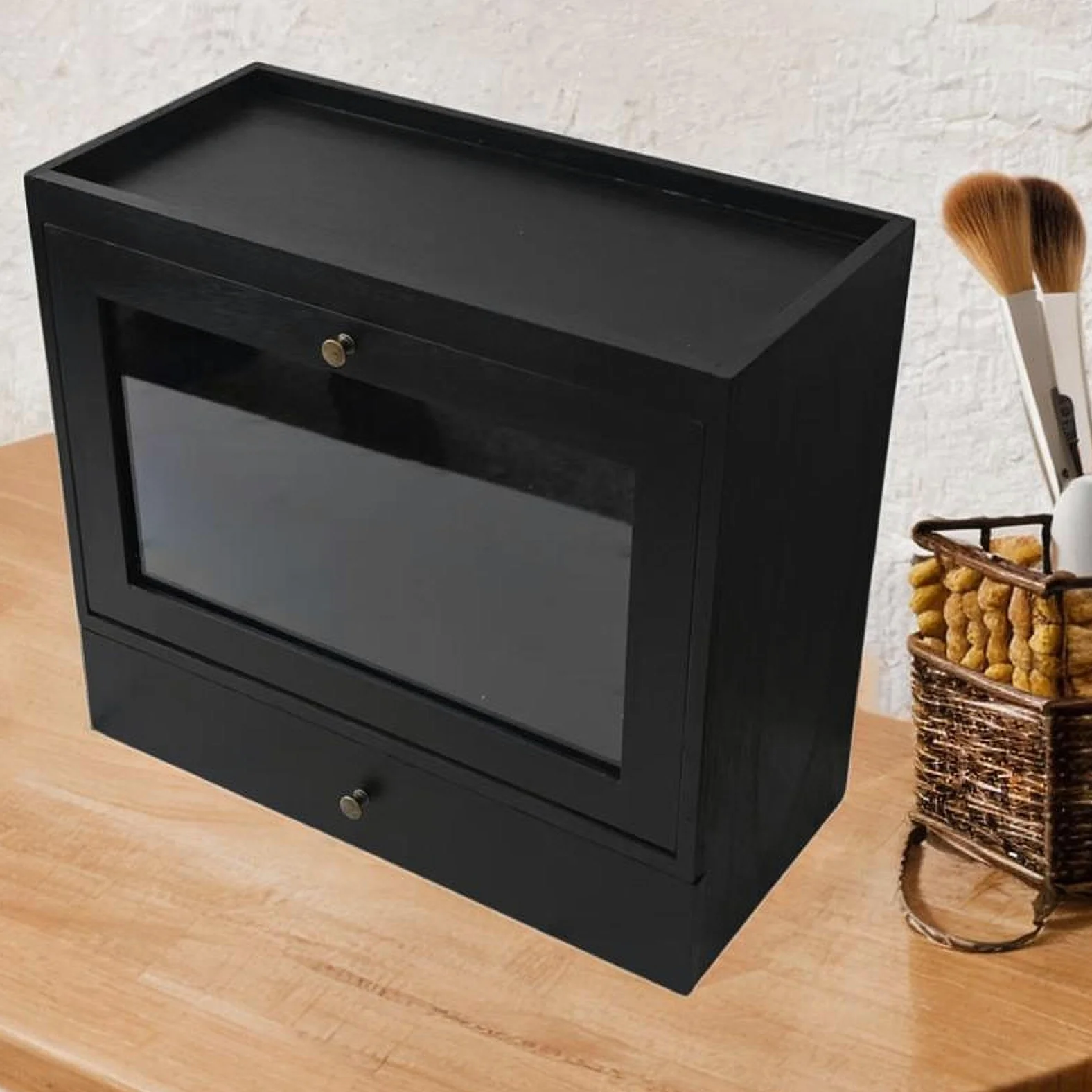 Organizer Cosmetici Contenitore Trucco Organizer Gioielli Moderna Legno con Pannello Acrilico per Camera Da Letto Bagno Regalo, Nero