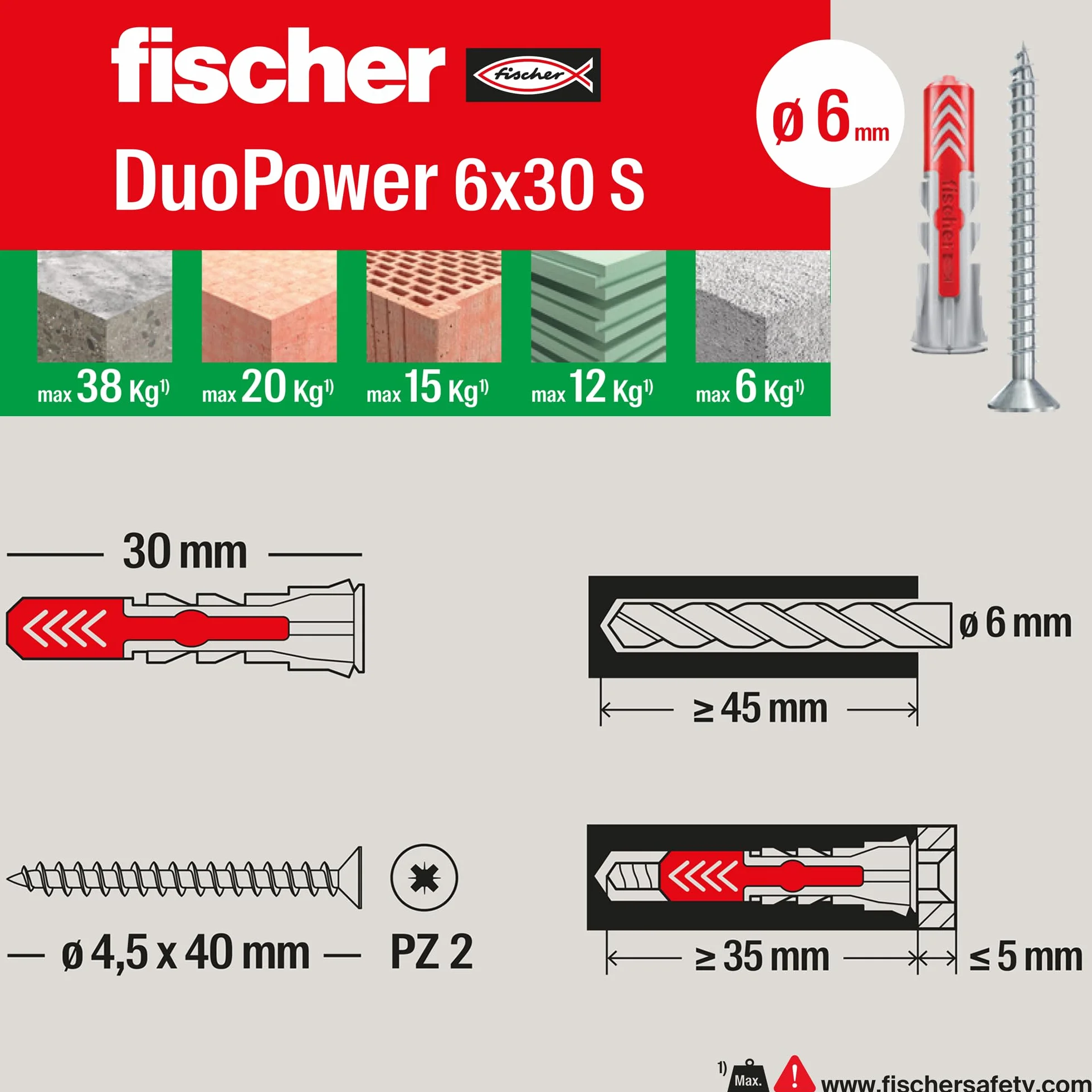 Fischer Propack Duopower 6x30 250 Tasselli con Vite in Barattolo Riutilizzabile per Fissaggio su Cemento Muratura Cartongesso