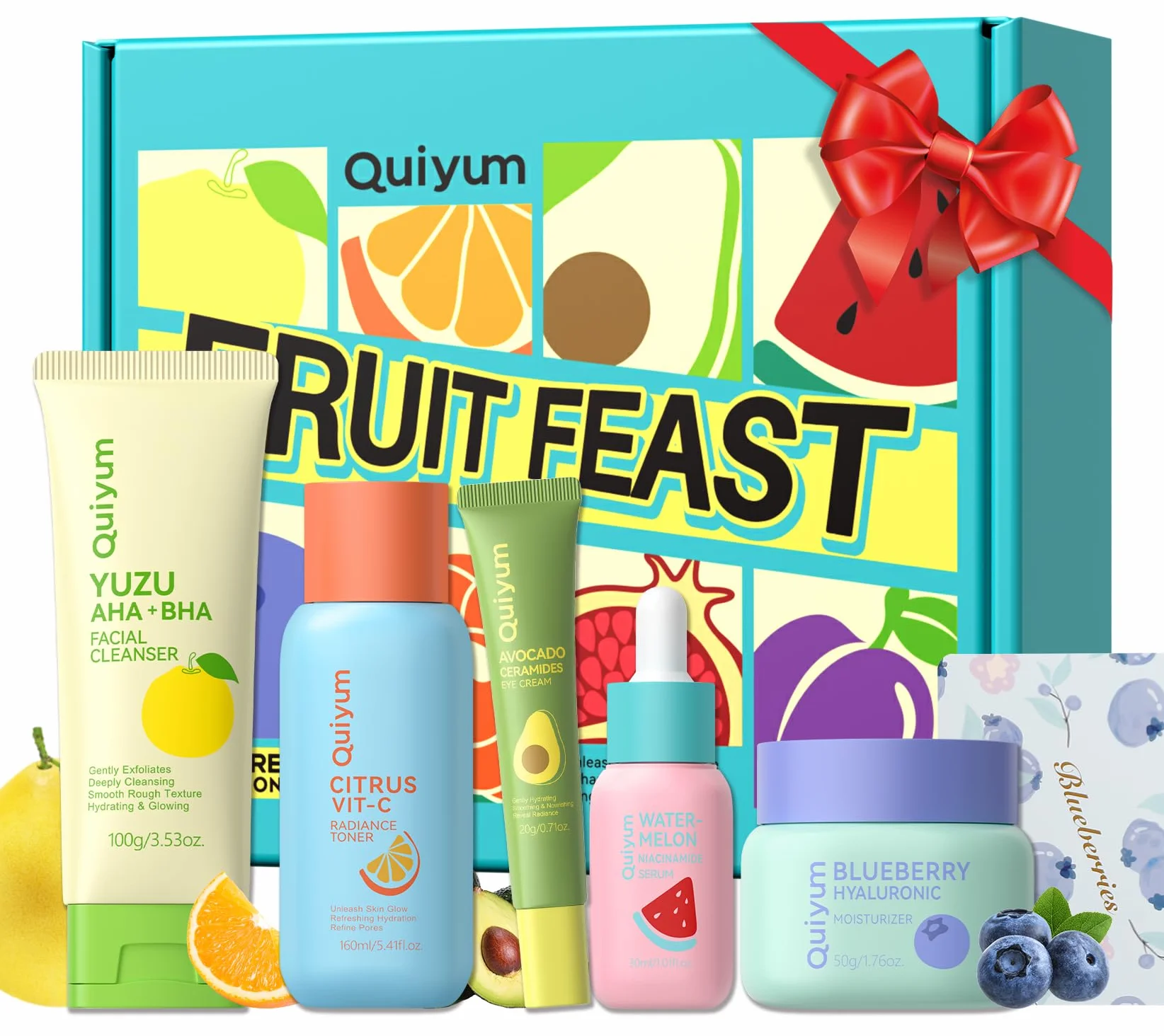 QUIYUM Set Regalo per la Cura della Pelle ai Frutti, Kit Skincare Idratante Viso 5 Pezzi, Routine di Bellezza per Donne e Adolescenti, Idratazione Intensa, Luminosità Naturale
