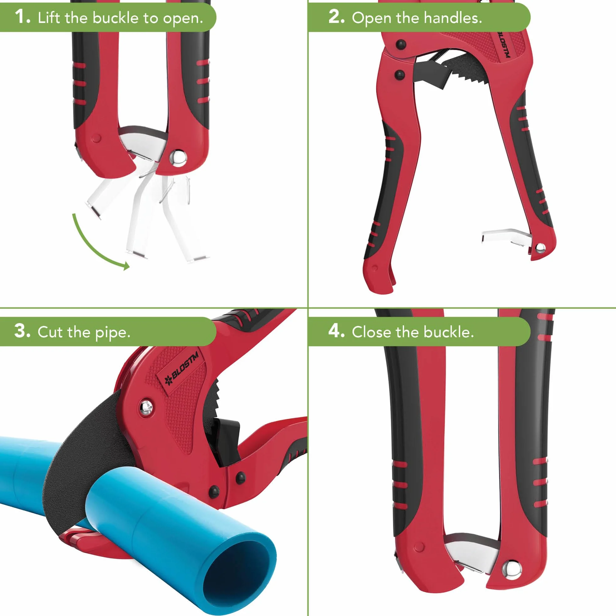 BLOSTM Tagliatubi a cricchetto 42 mm per tubi plastica PVC PEX PPR rosso