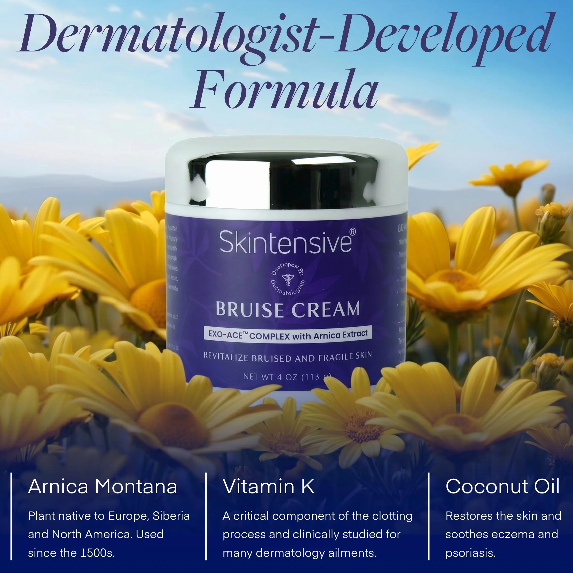 SKINTENSIVE Highest Purity Organic Arnica Plant-Based Bruise Cream for Thin Skin - Moisturizing, Anti-Aging, Healing, and Fading Scar Lotion, Vitamin K C and E, Skin Renewal