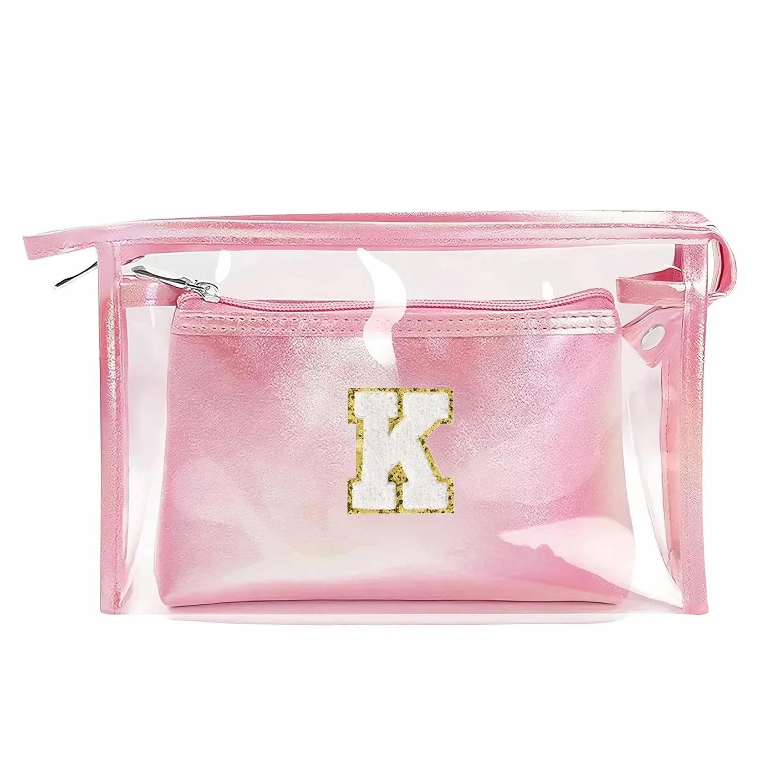 2 Pezzi Beauty Case da Viaggio Trasparente, Trousse Trucchi Donna, Borsa da Toilette in PU-PVC, Borse da Viaggio Impermeabile, Borsa Cosmetici Regalo Compleanno Natale Ideale per Donne Ragazze Rosa K