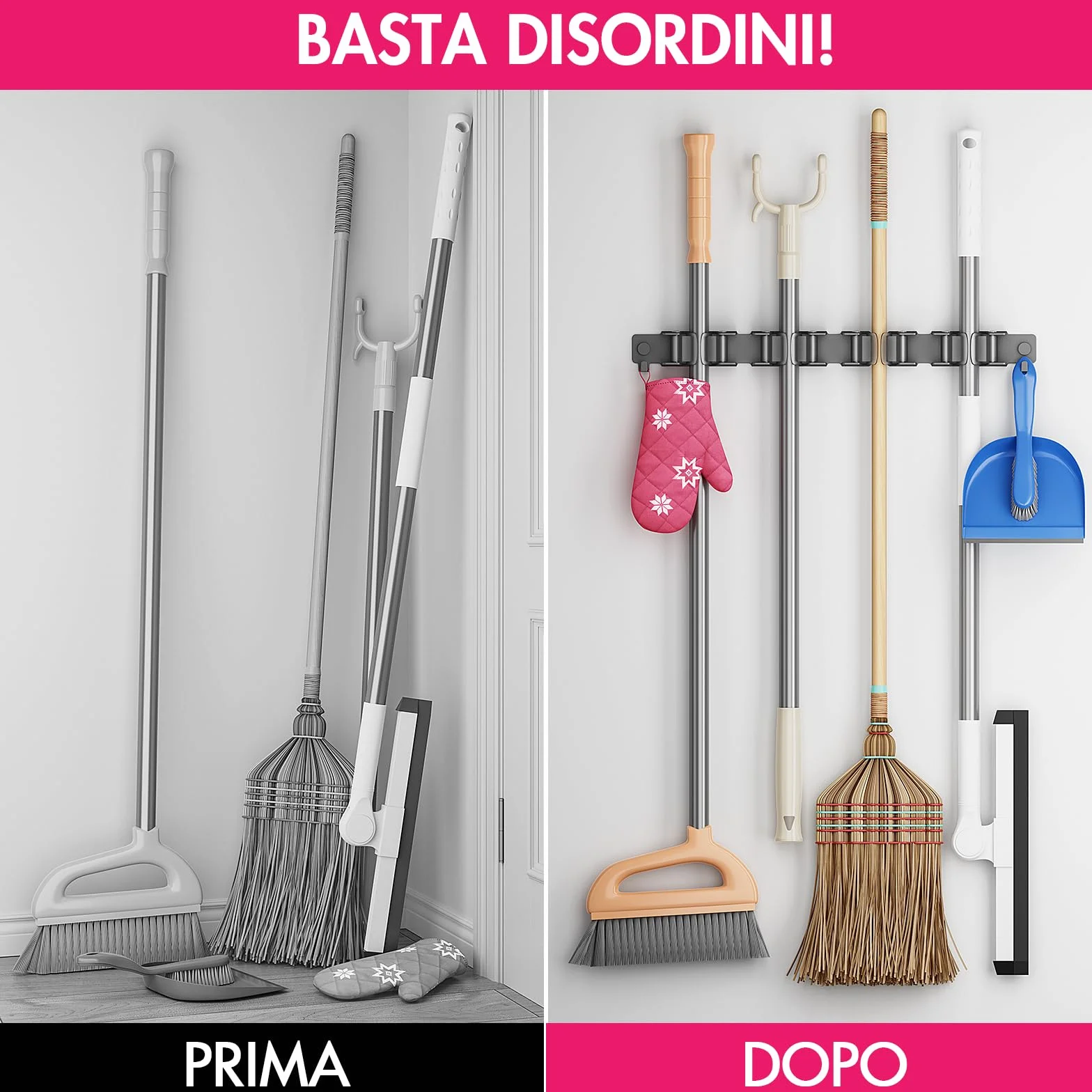 Portascope da Muro con 3 Supporti e 2 Ganci Autoadesivo Nero