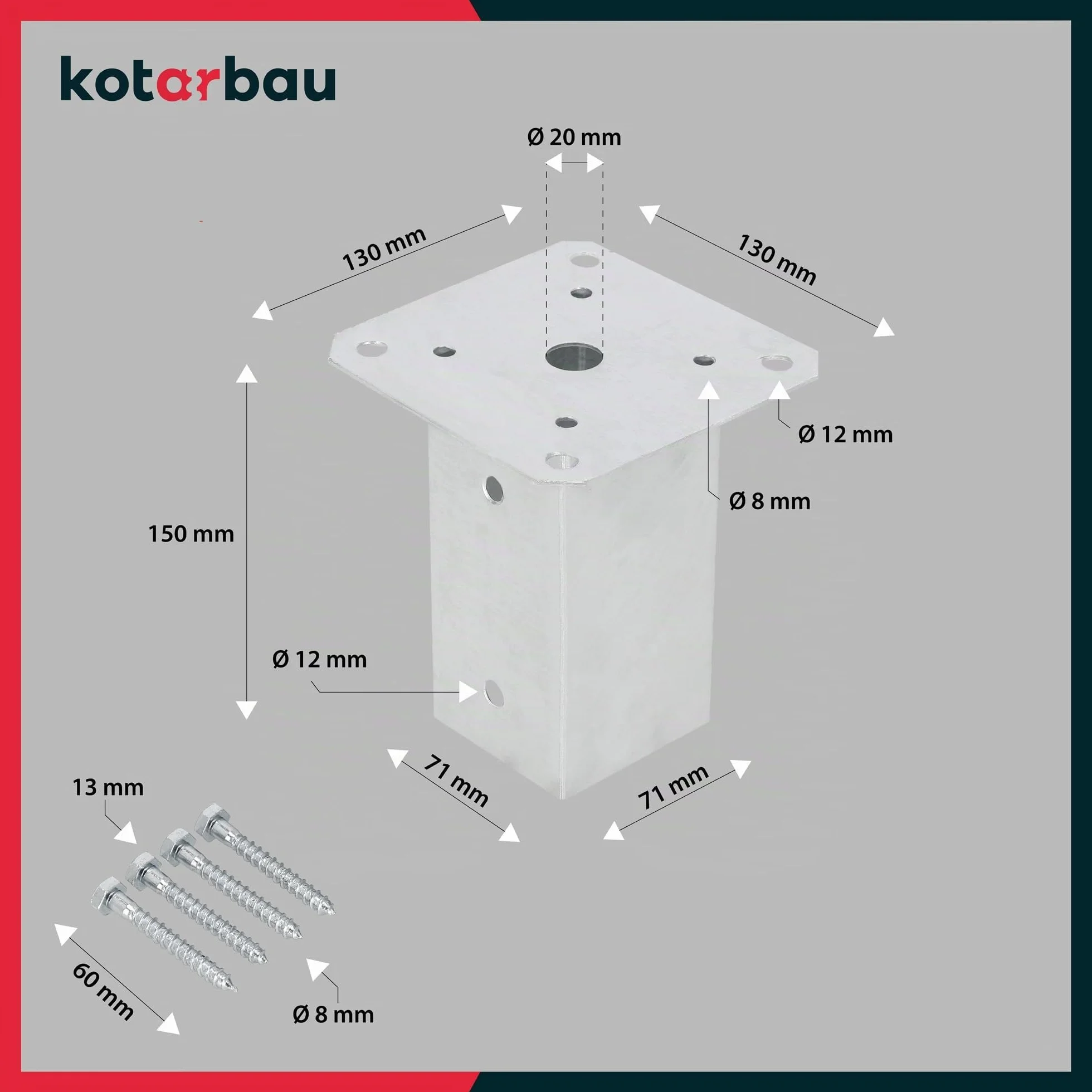 KOTARBAU® Set 2 Pezzi Fissaggio Pali Legno - Supporto per Pali in Legno Acciaio Zincato 70 x 70 mm Staffa Travi