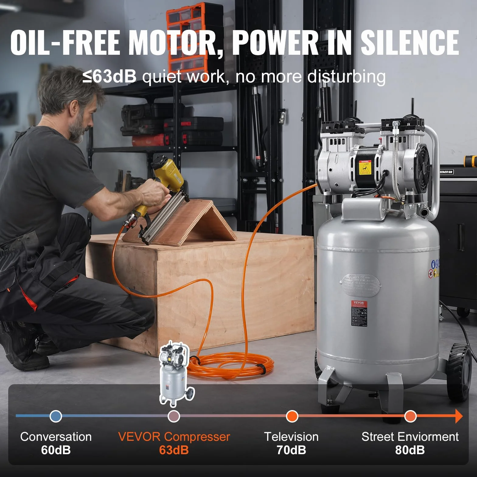 VEVOR Compressore d'Aria Senza Olio 13 Galloni 49 L Serbatoio 2 CV