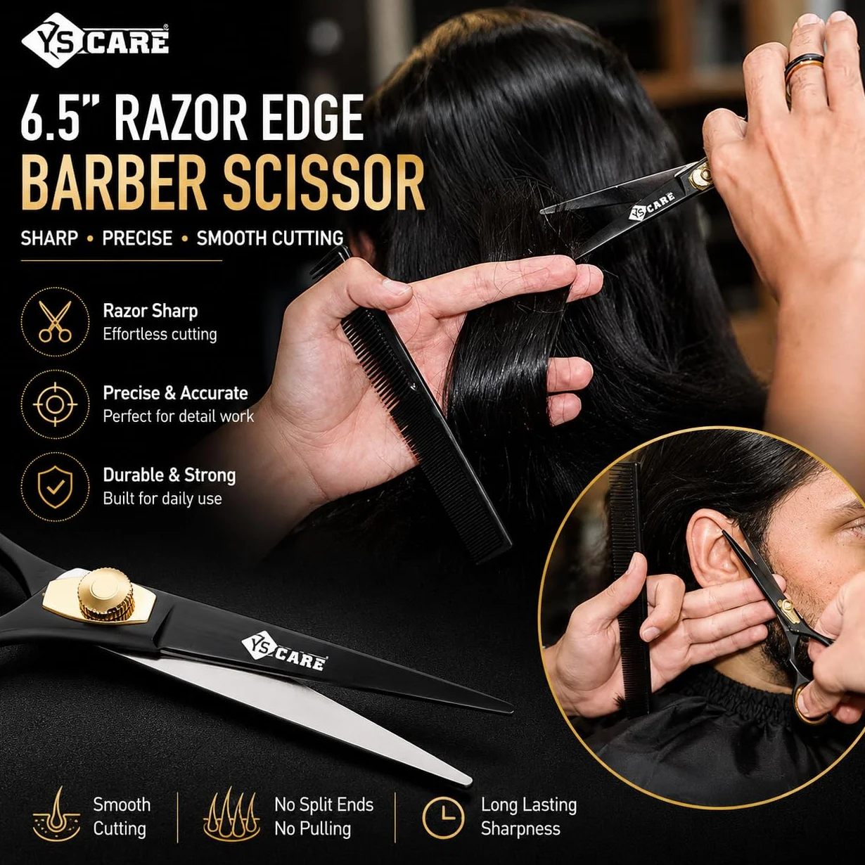 YSCARE Forbici Da Parrucchiere Forbici Affilate Premium in Acciaio Inox Da per Il Taglio Dei Capelli Ideali per Parrucchieri Barbieri uomini (Dritto, 6.5)