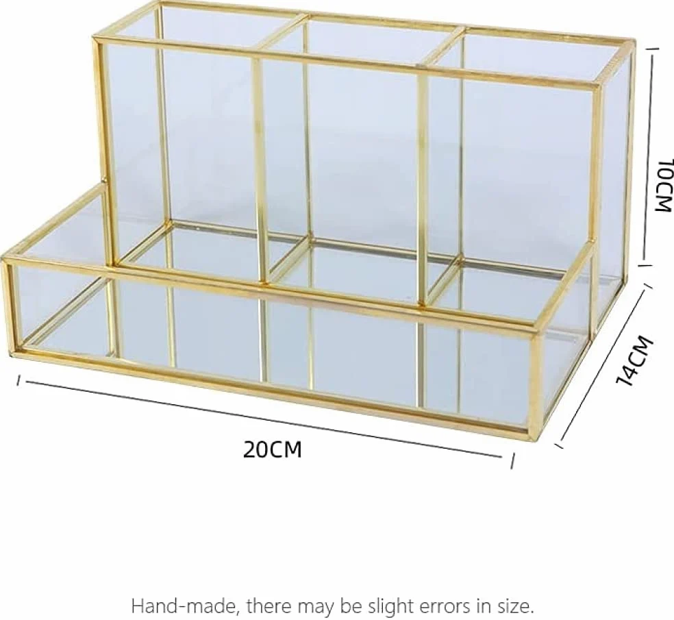Porta Pennelli per Trucco - Organizer per Cosmetici Oro - Organizer per Trucco Trasparente - Scatola Portaoggetti da Scrivania - Vassoio Portaoggetti per Gioielli in Vetro