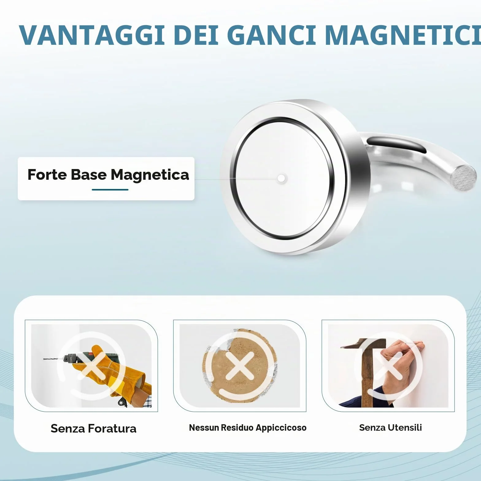 Neosmuk Ganci magnetici 10 kg gancio extra forte per frigorifero tenda bianco argenteo confezione da 6