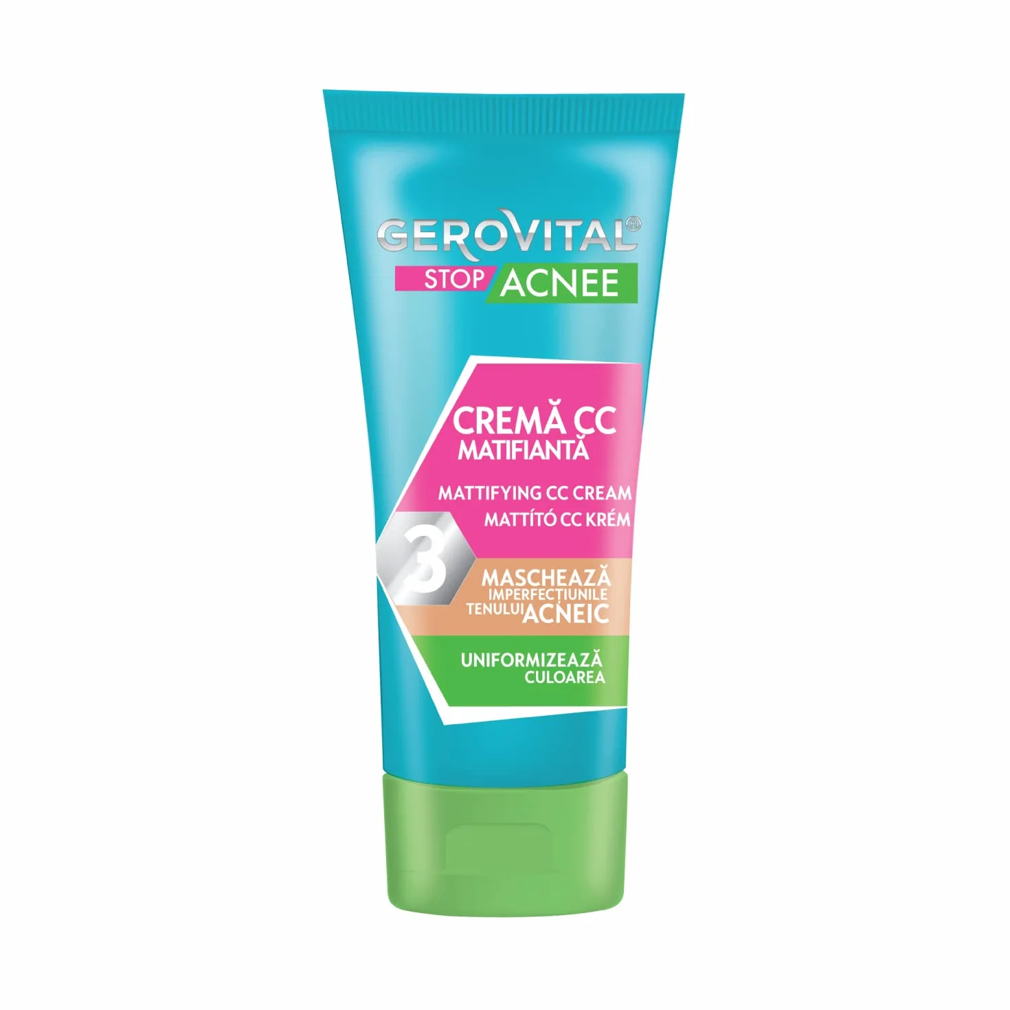Crema CC Opacizzante Viso con Acne, Copre le Imperfezioni, Uniformizza il Colore, Prodotto per il Trucco e per la Cura Della Pelle, 30 ml, Gerovital Stop Acnee