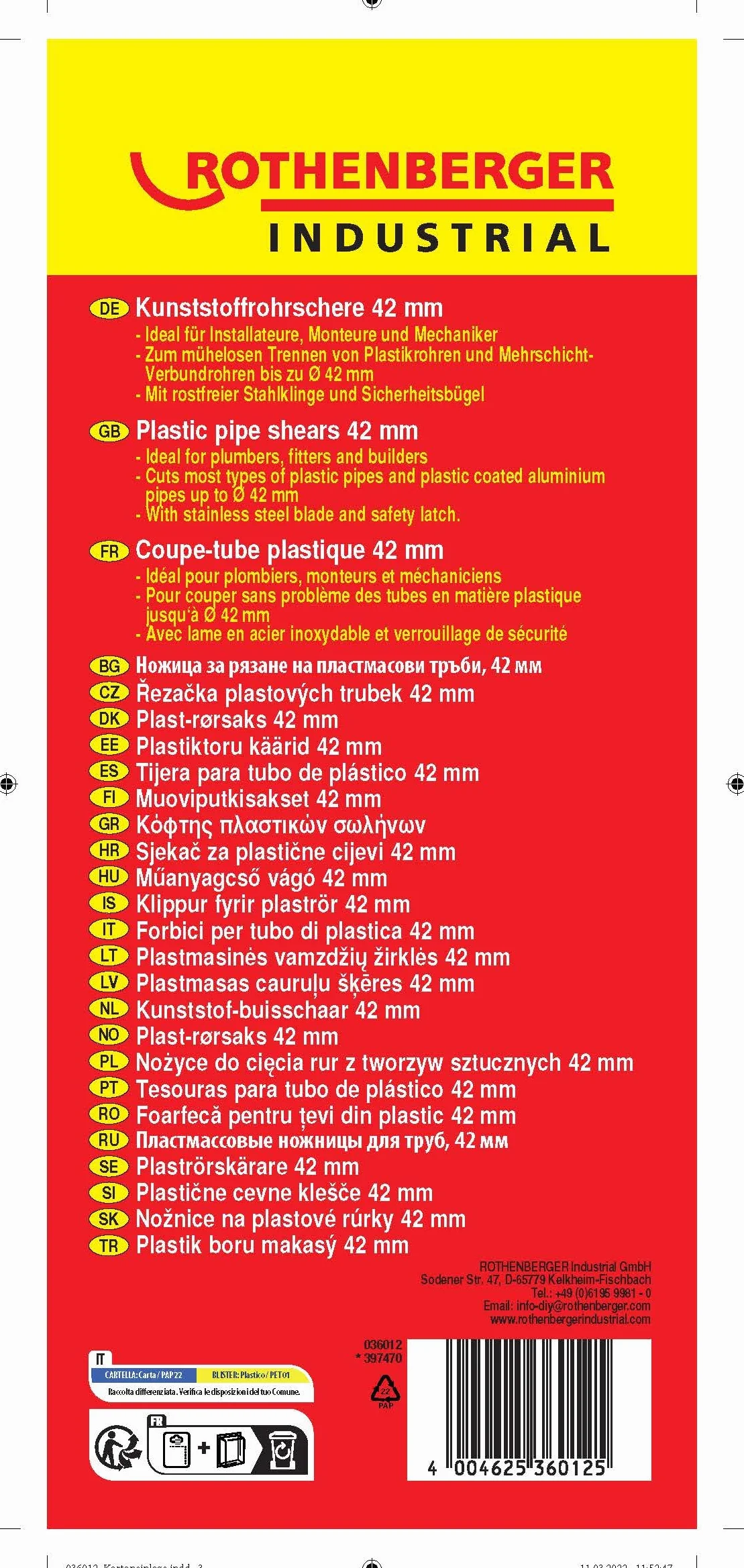 ROTHENBERGER Industrial Cesoie per tubi in plastica 42 mm lama acciaio inossidabile