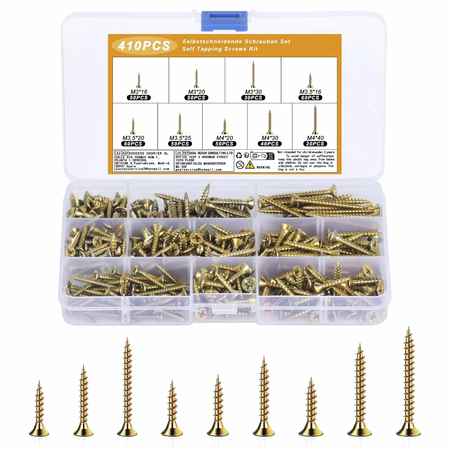 Set di viti autoperforanti M3 M3,5 M4, viti per legno testa piana, assortimento universale, viti a brugola filettatura completa