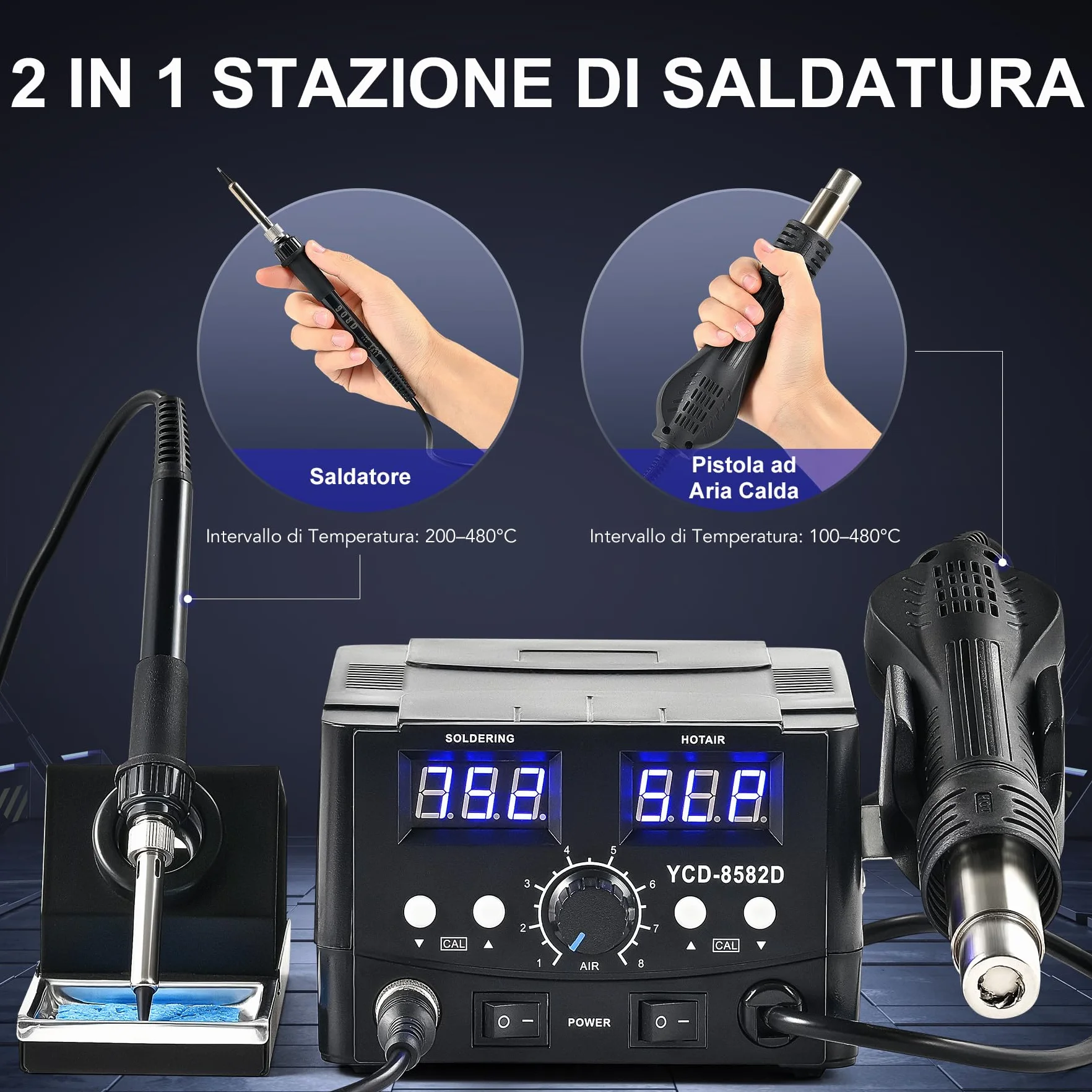 CREWORKS 750W Stazione Saldante Digitale 2 in 1 SMD con Schermi LED Saldatura ad Aria Calda