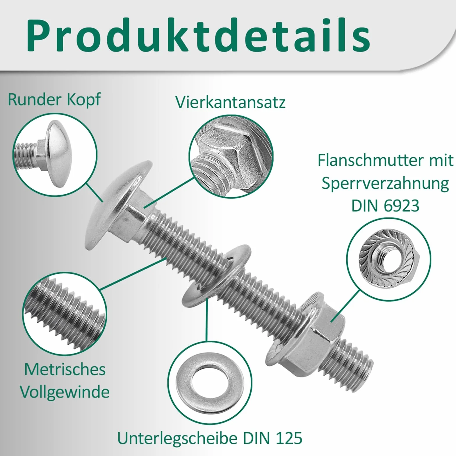 Viti a testa tonda M10 x 70 mm DIN 603 con dado flangiato M10 DIN 6923 e rondella DIN 125 in acciaio inox A2/V2A