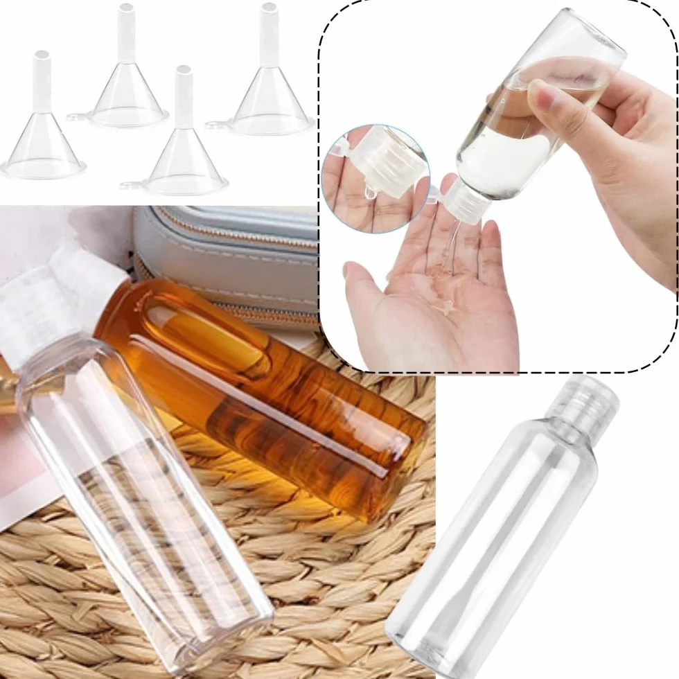 Bottiglie di Viaggio 100 ml,10 flaconi liquidi da riempire con Viaggio Aereo con 4 Imbuti,ContenitoriContenitori di plastica trasparente, bottiglie per cosmetici per Shampoo Lozioni Liquide Creme